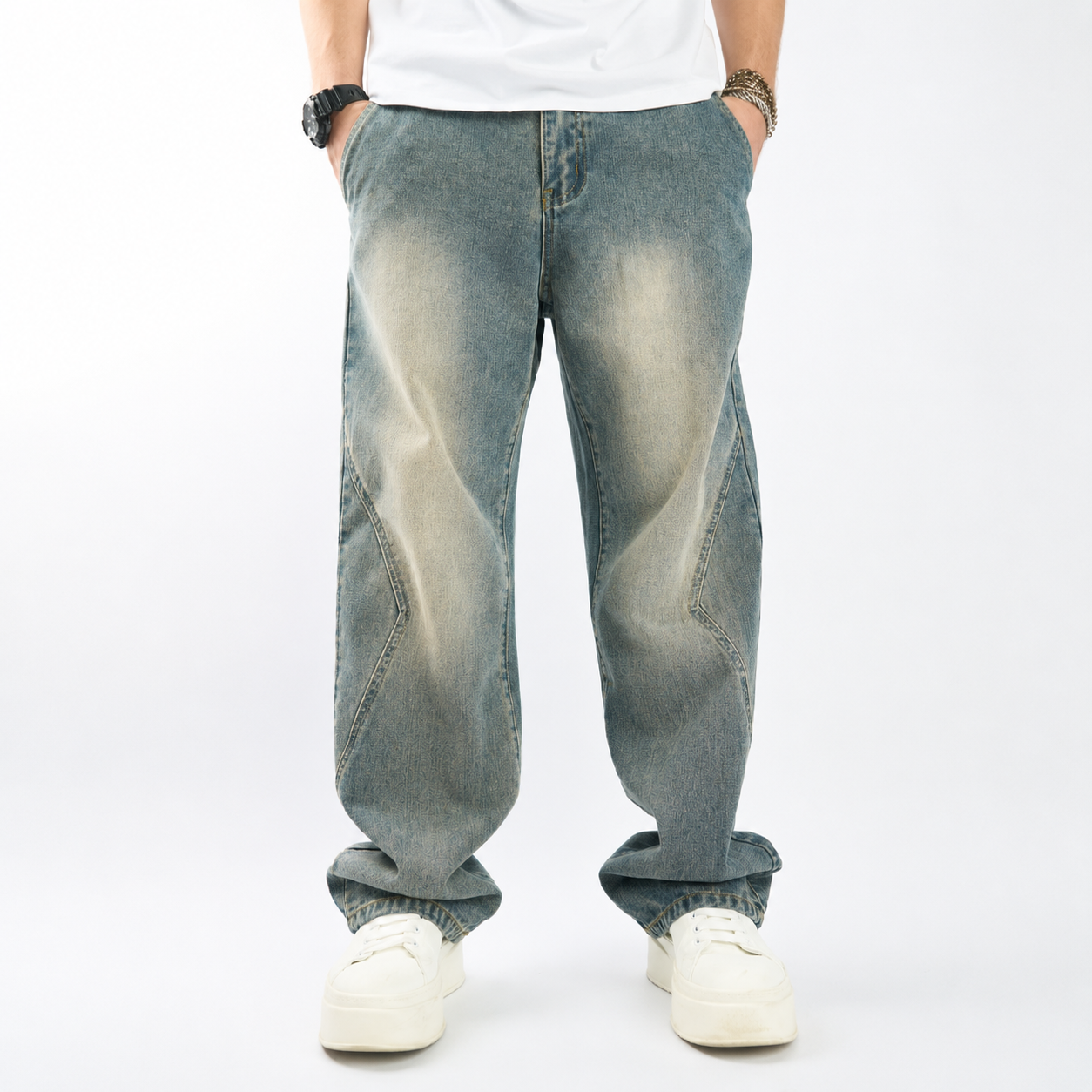 Loose Fit Stretch Baggy Denim Jeans With Pockets For Men