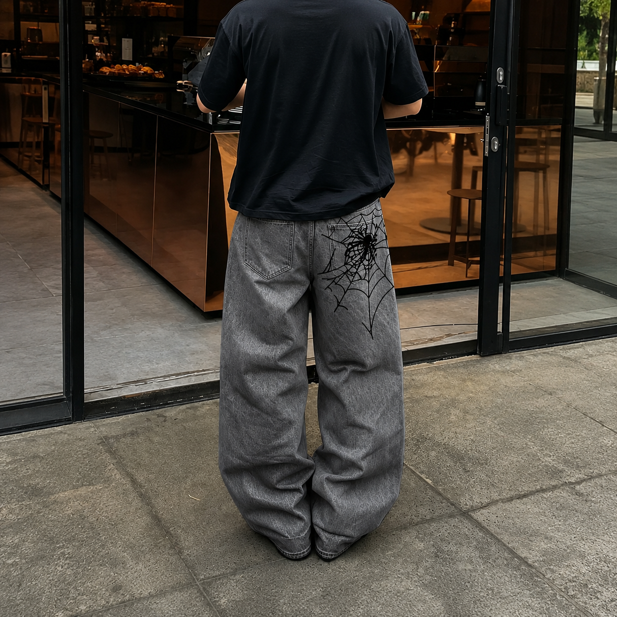Loose Vintage Spider Web Embroidered Jeans For Men
