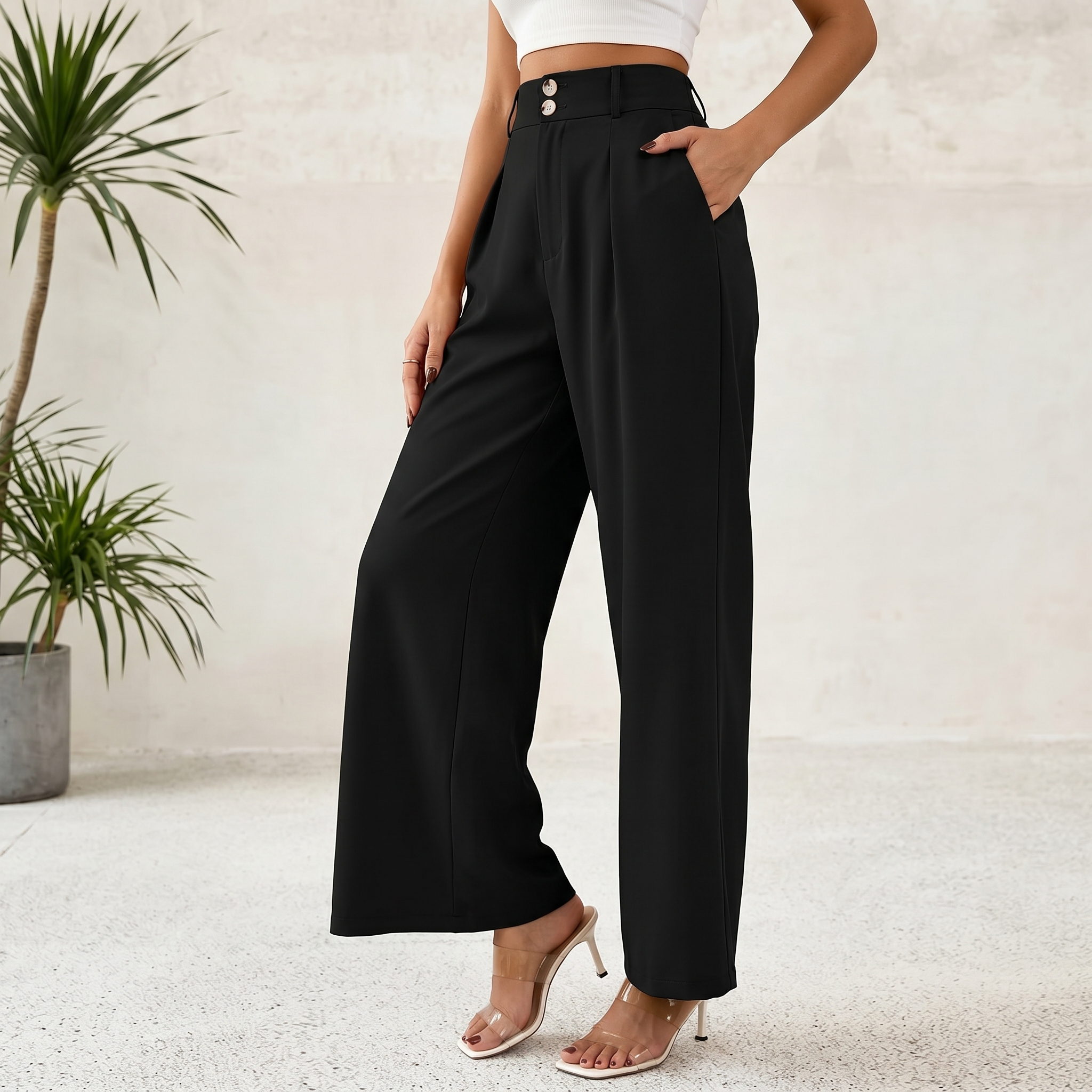 Pleated Palazzo Dress Pants With Button Detail For Women