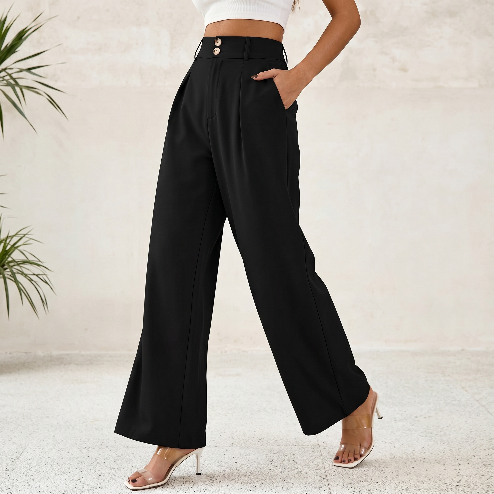 Pleated Palazzo Dress Pants With Button Detail For Women