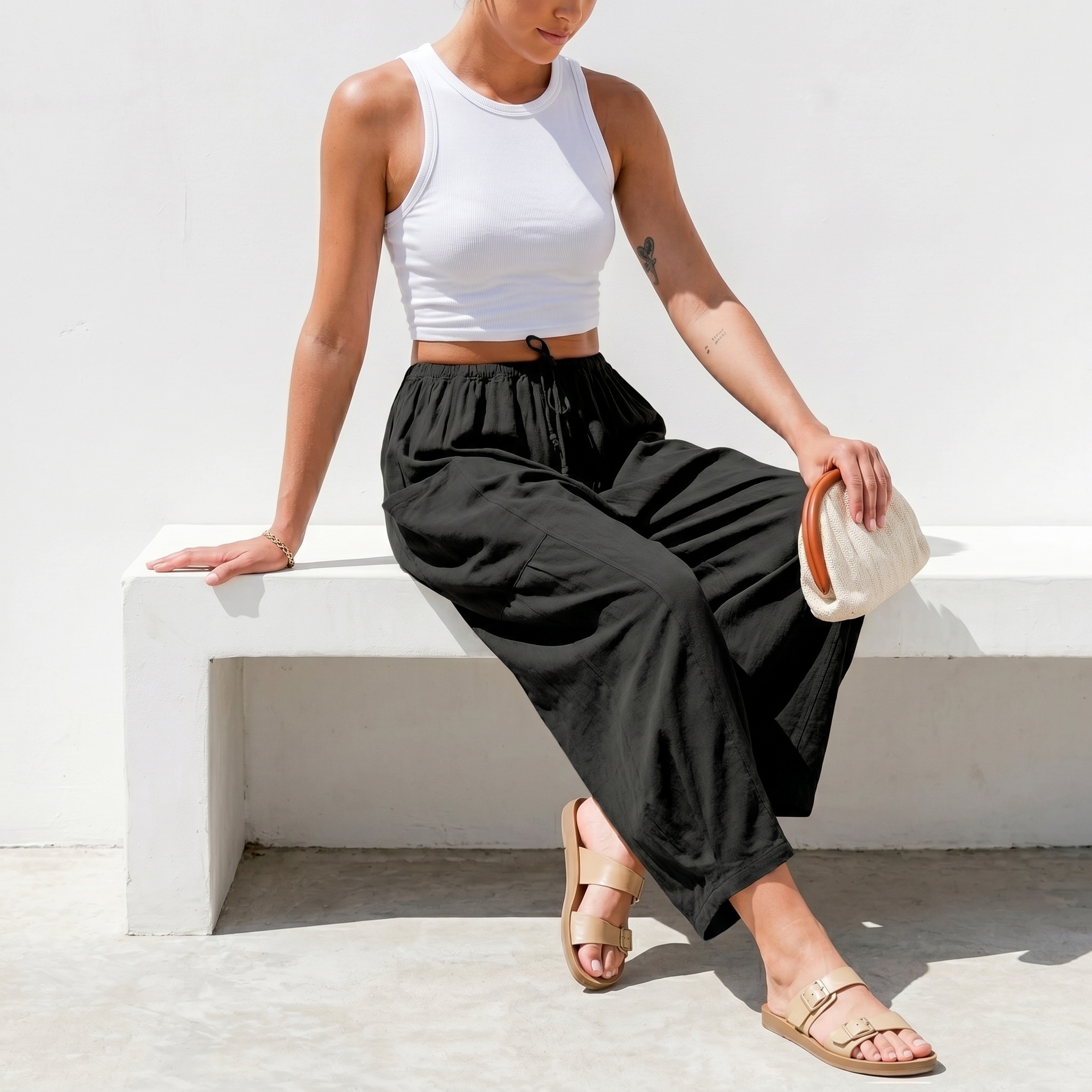 Casual Wide Palazzo Pants With Pockets And Drawstring For Women