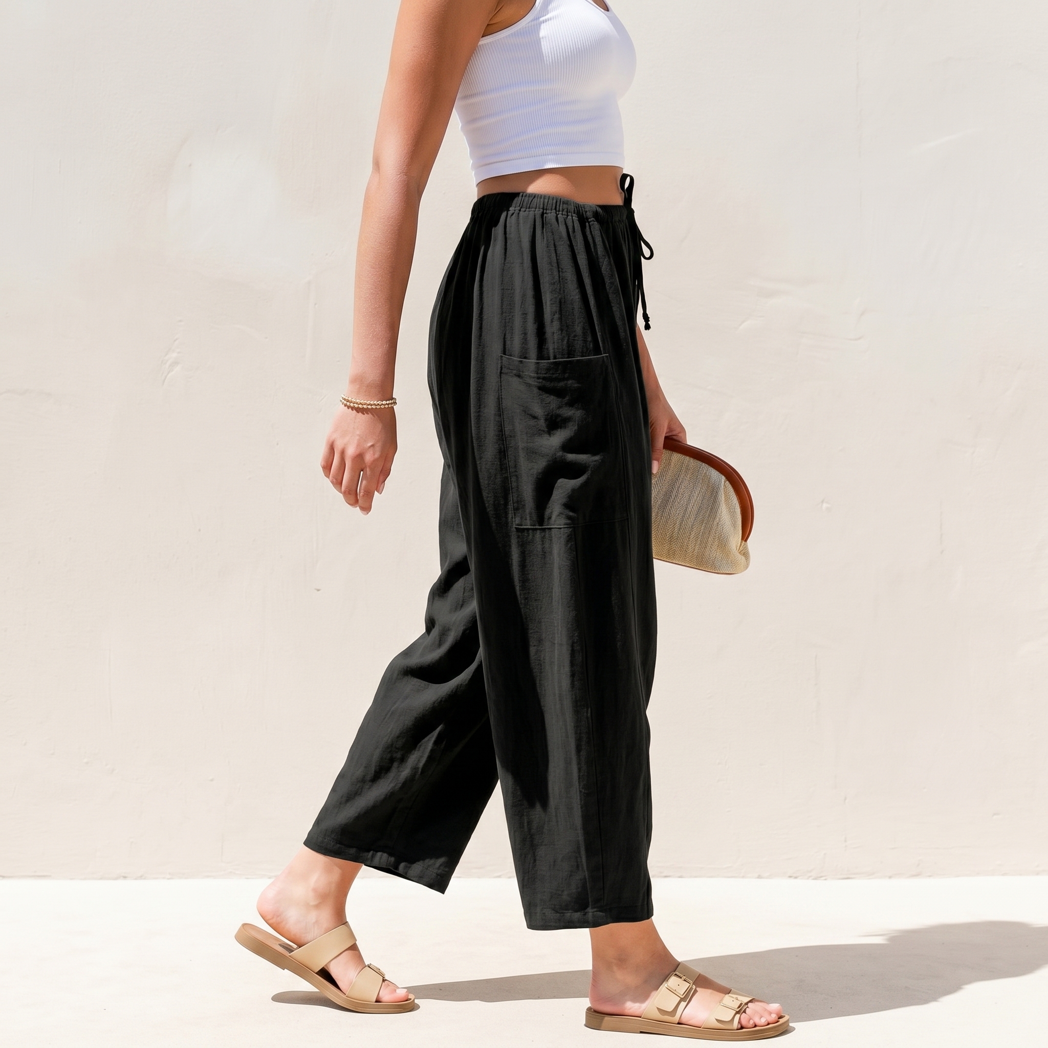 Casual Wide Palazzo Pants With Pockets And Drawstring For Women