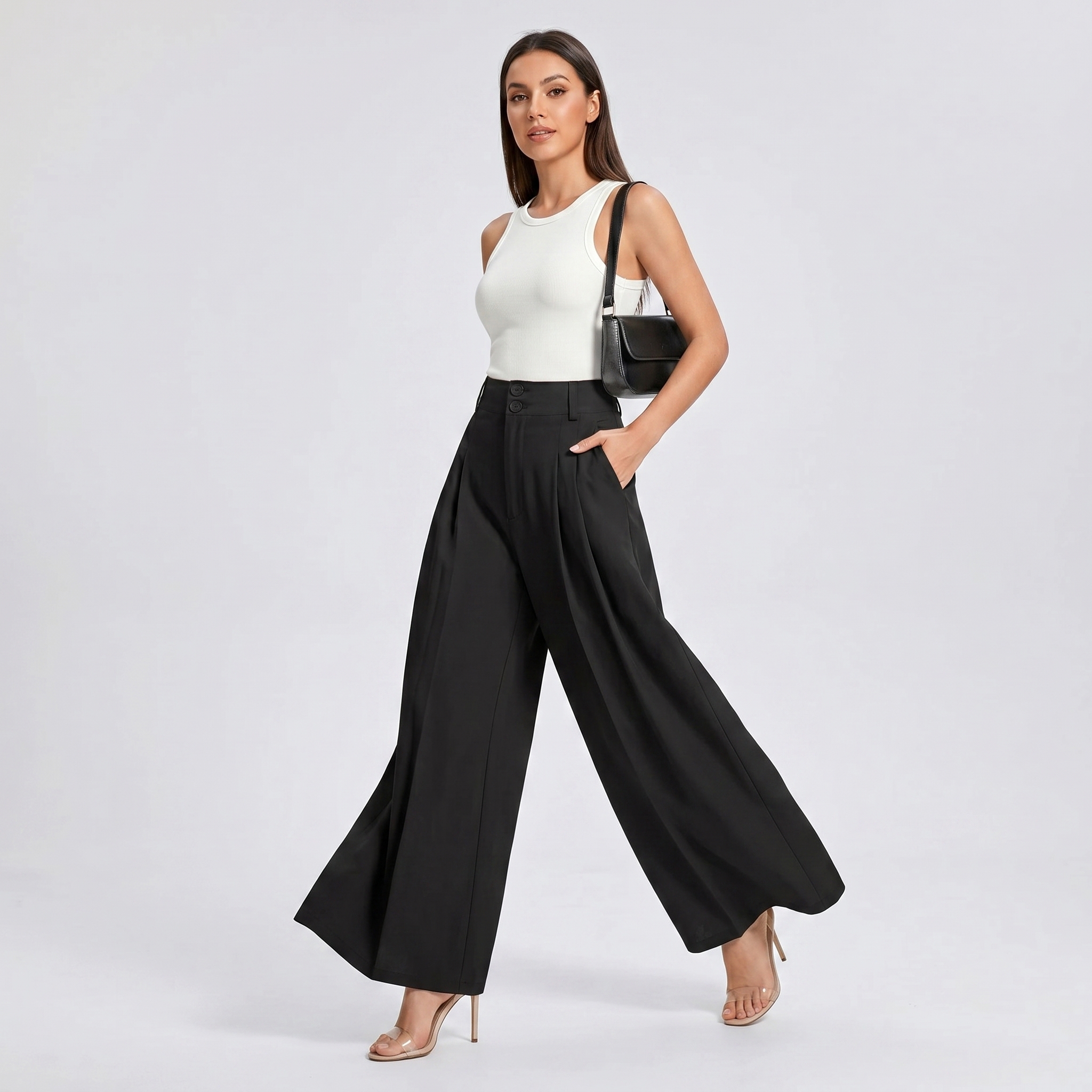 Casual Pleated Palazzo Pants With Button Detail For Women