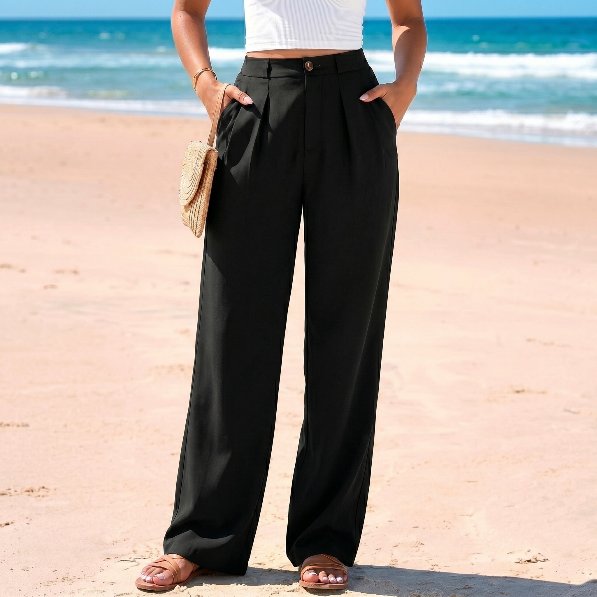 Wide Flowy Palazzo Dress Pants With Button Detail For Women