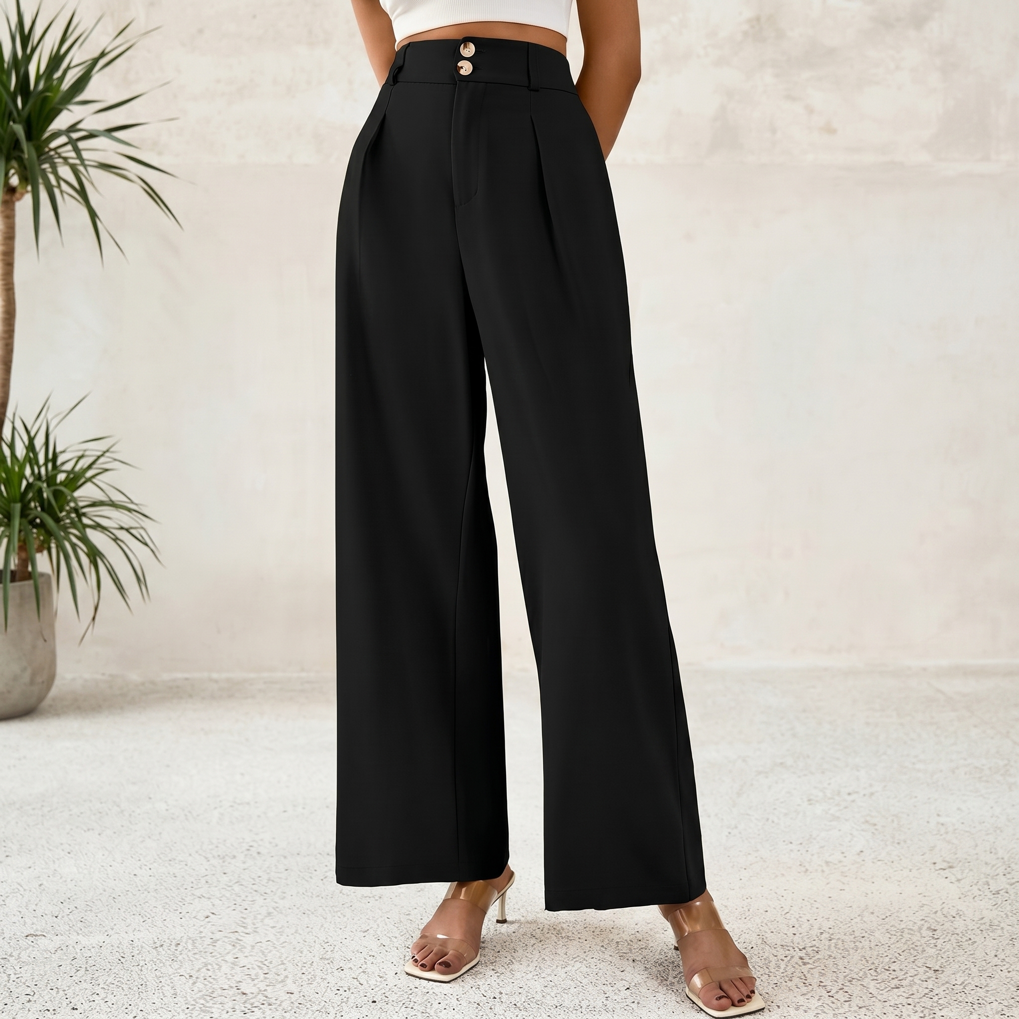 Pleated Palazzo Dress Pants With Button Detail For Women