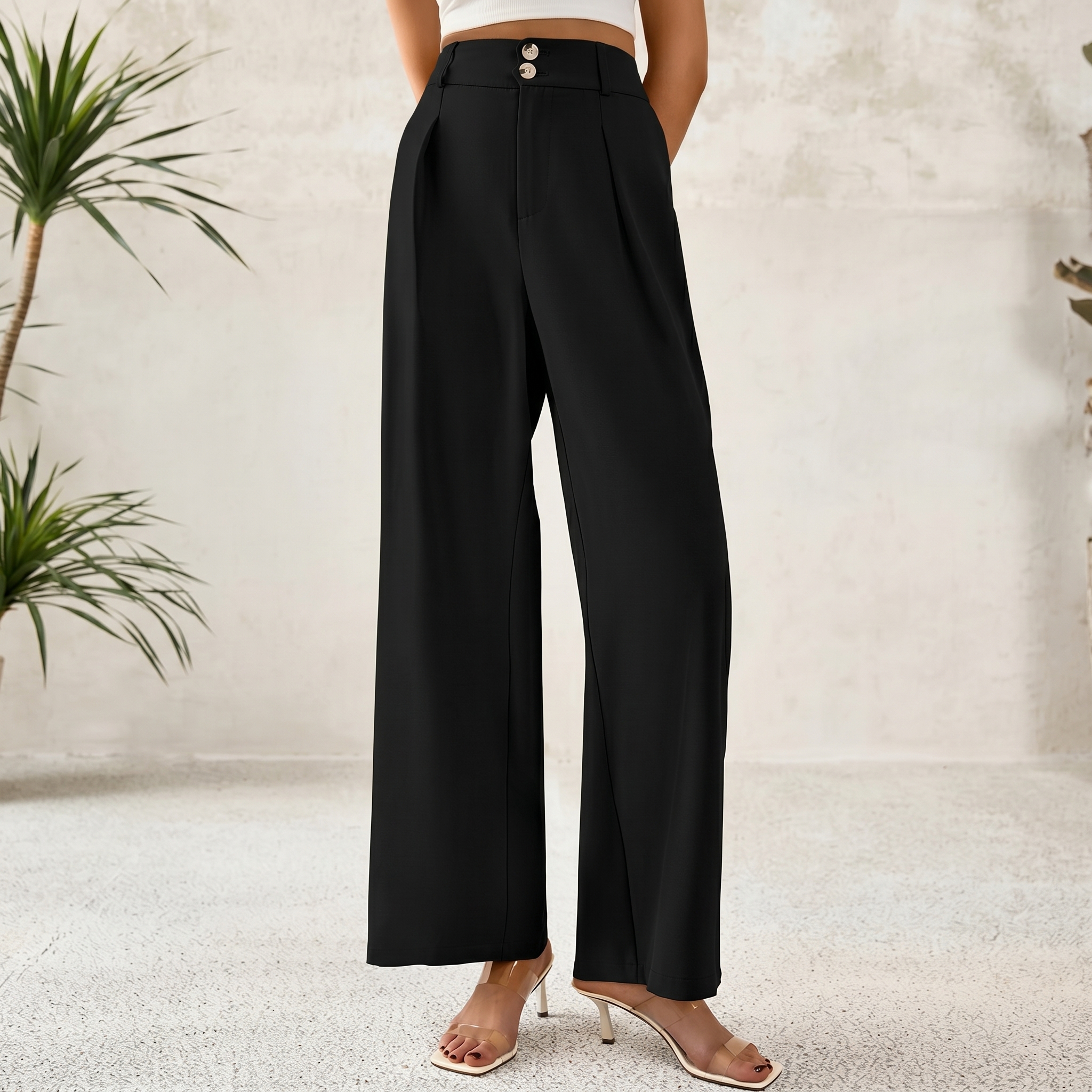 Pleated Palazzo Dress Pants With Button Detail For Women