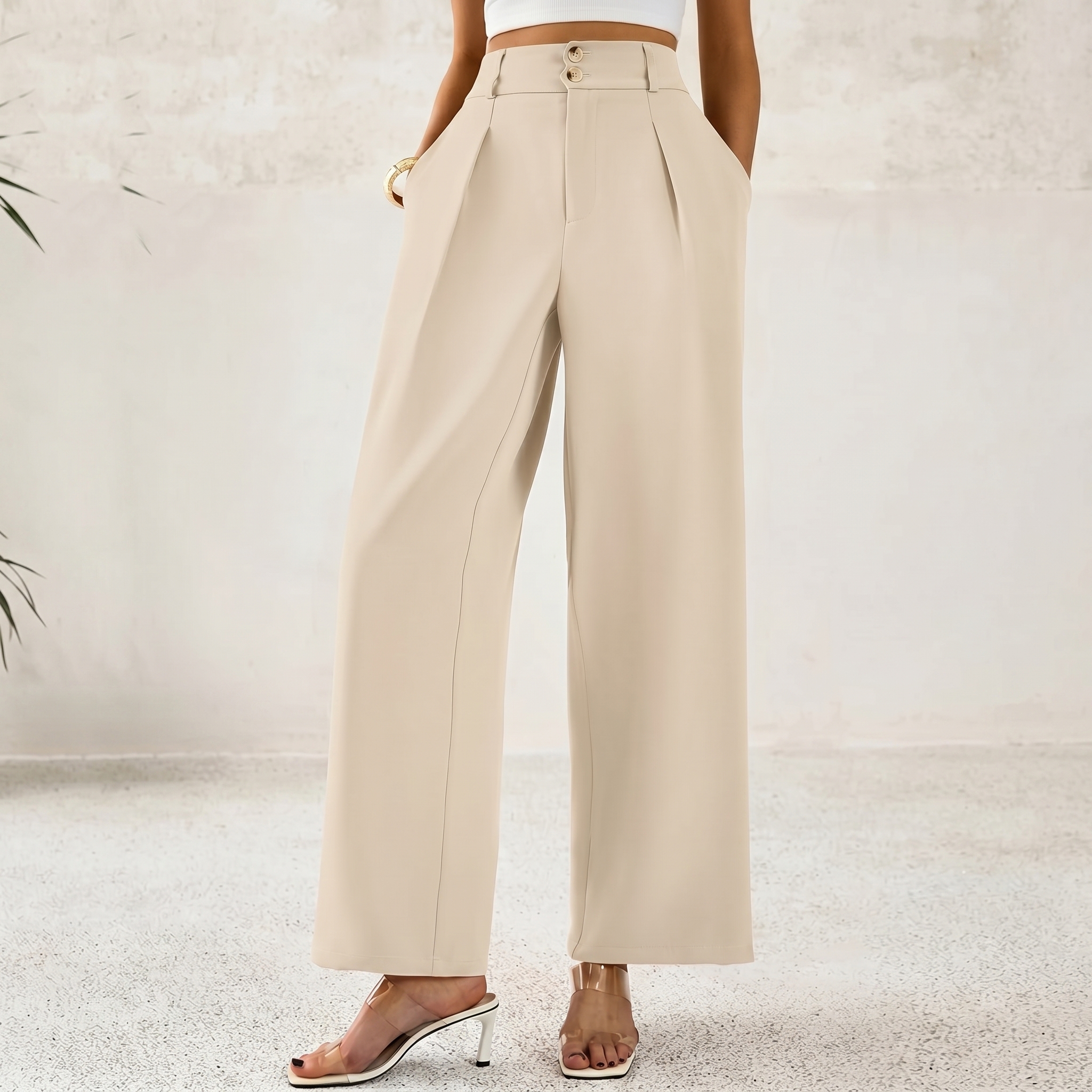 Pleated Palazzo Dress Pants With Button Detail For Women