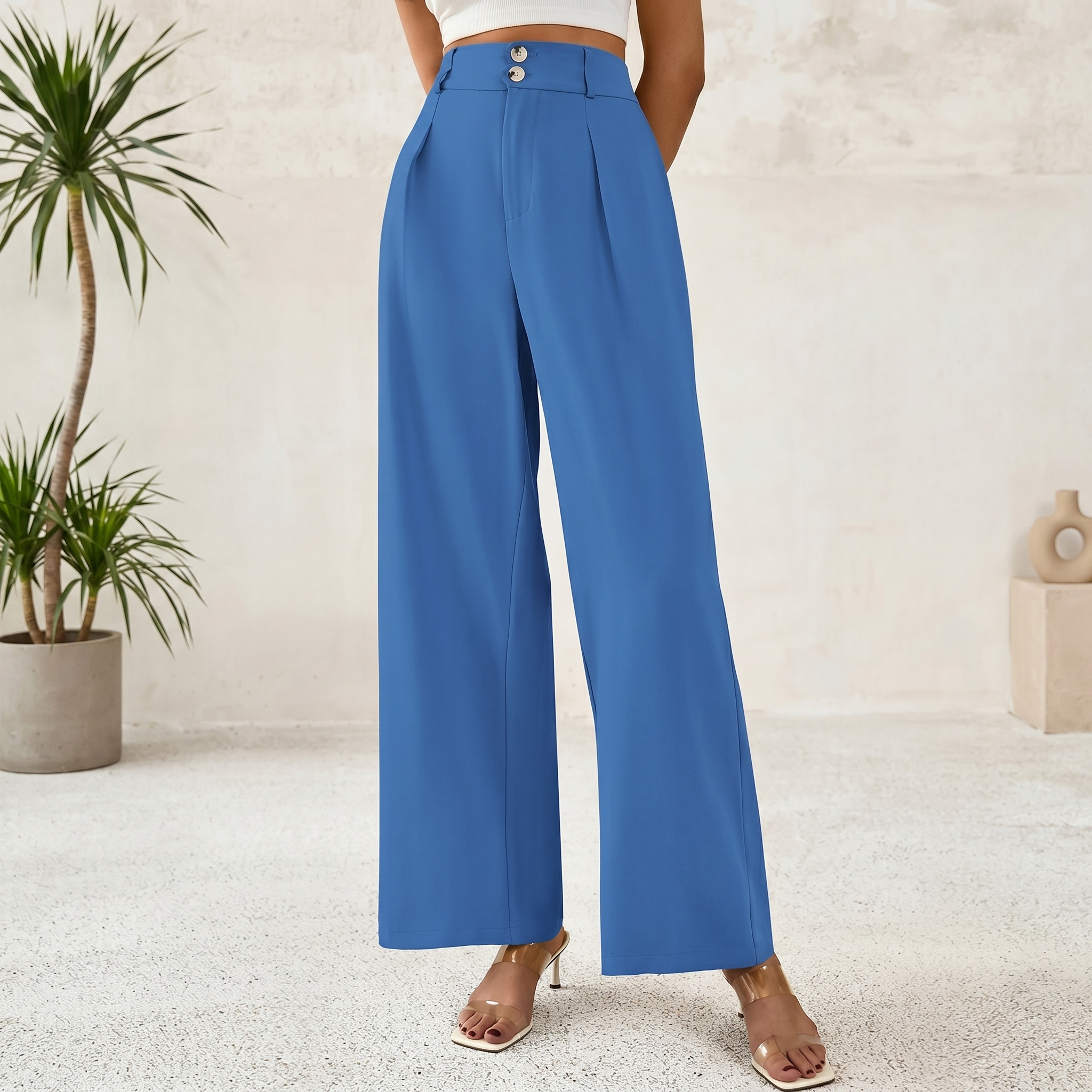 Pleated Palazzo Dress Pants With Button Detail For Women