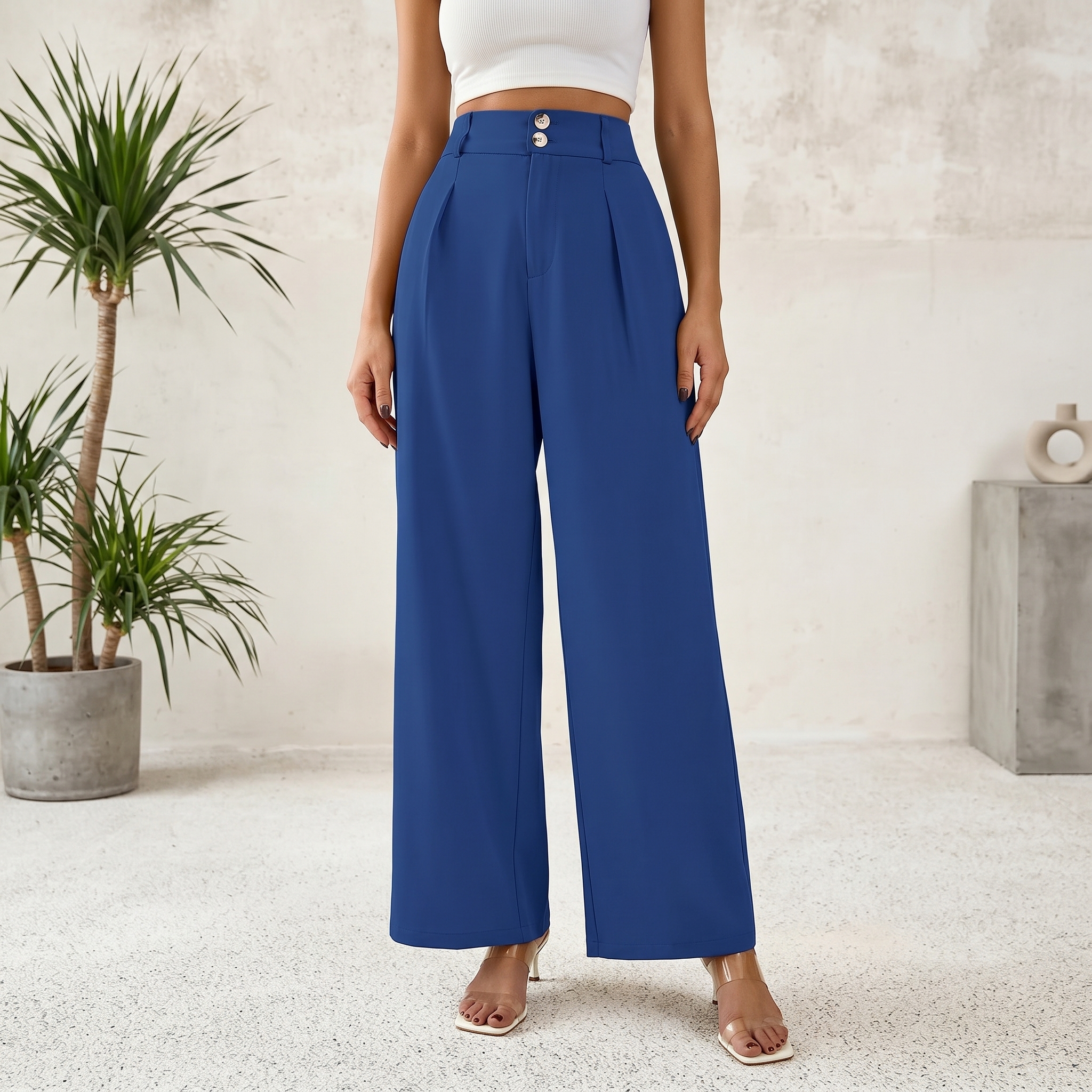 Pleated Palazzo Dress Pants With Button Detail For Women