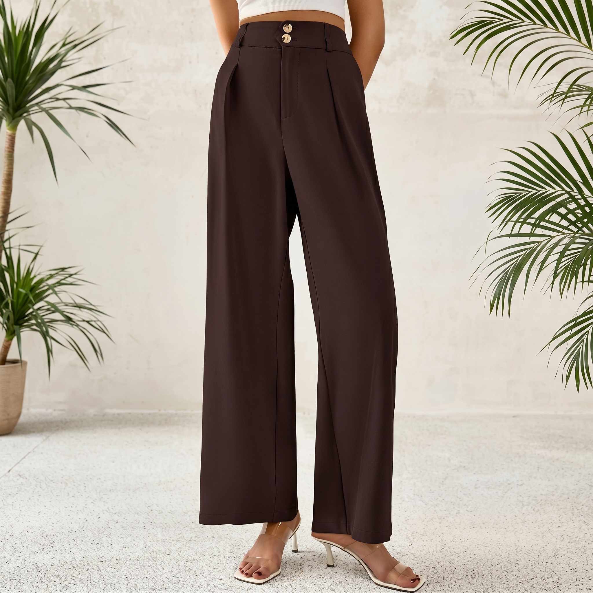 Pleated Palazzo Dress Pants With Button Detail For Women
