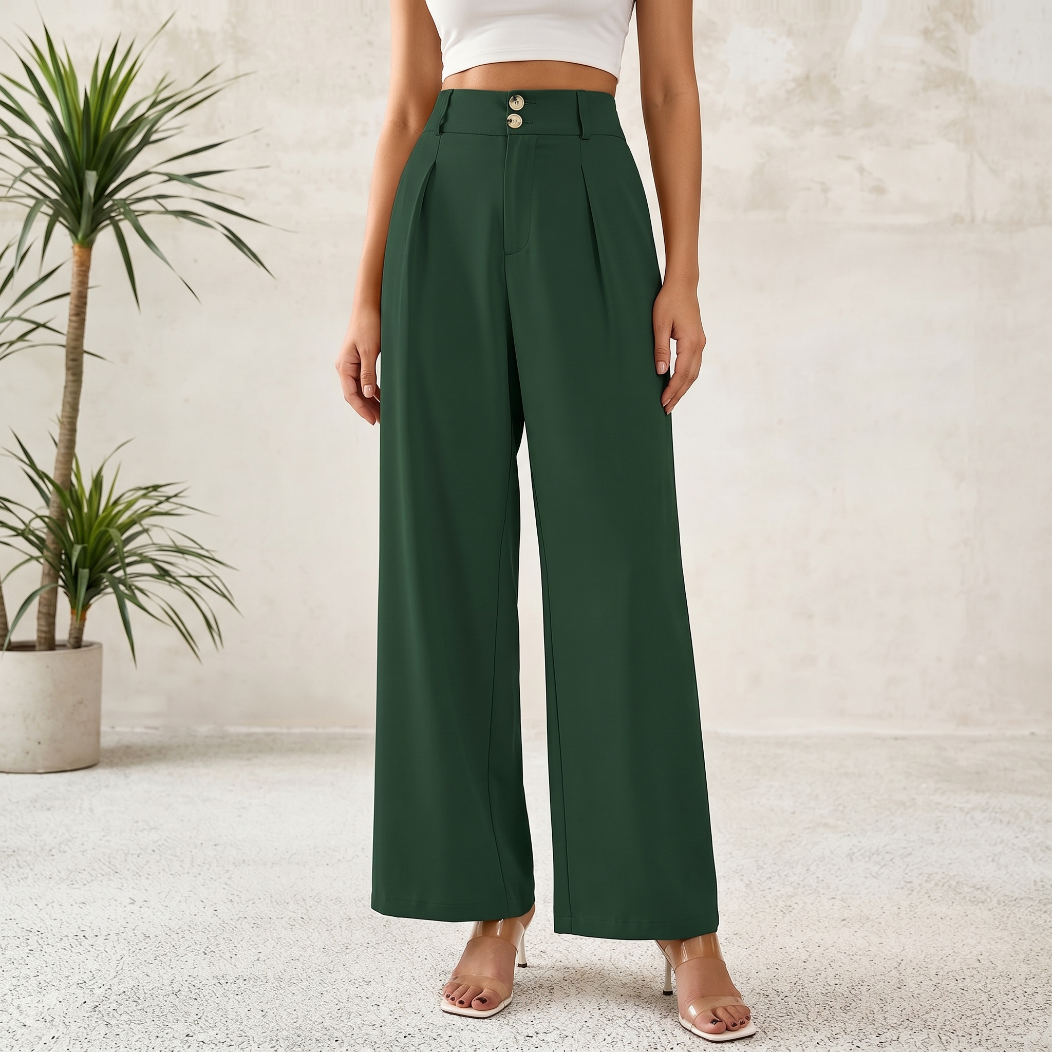 Pleated Palazzo Dress Pants With Button Detail For Women