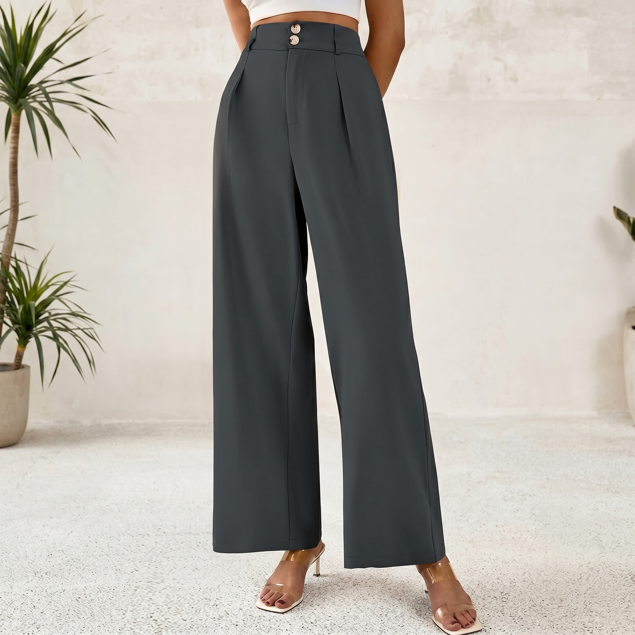 Pleated Palazzo Dress Pants With Button Detail For Women