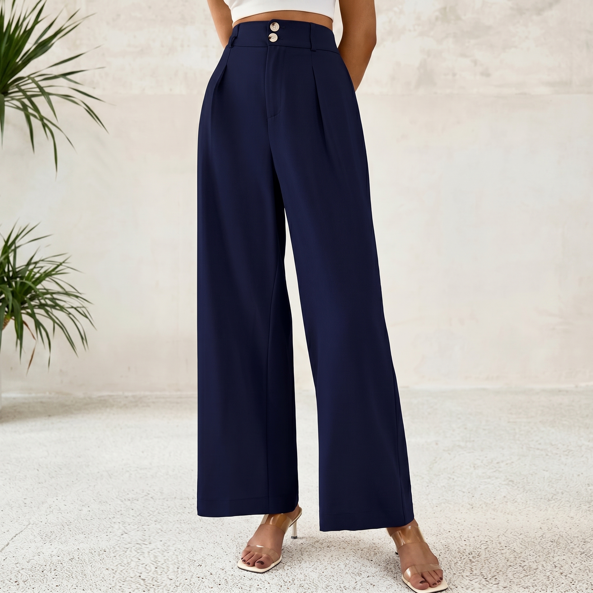 Pleated Palazzo Dress Pants With Button Detail For Women