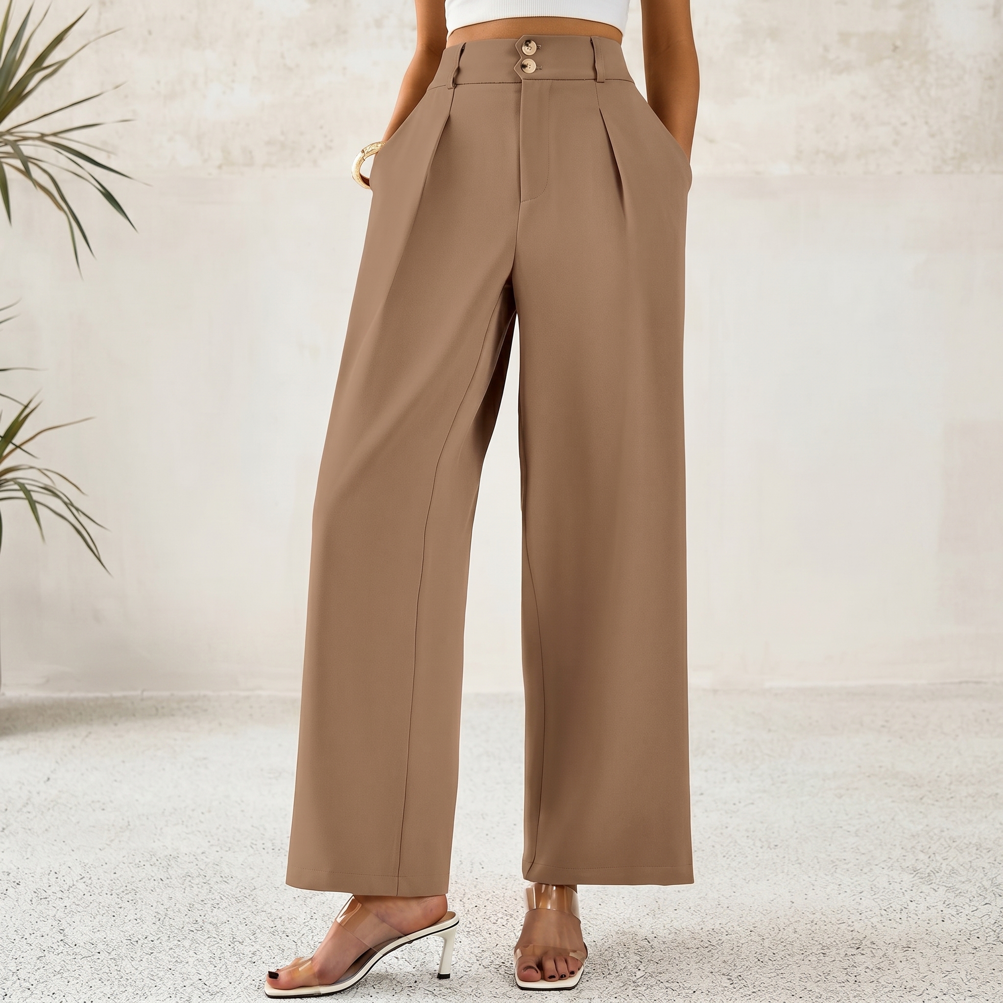 Pleated Palazzo Dress Pants With Button Detail For Women