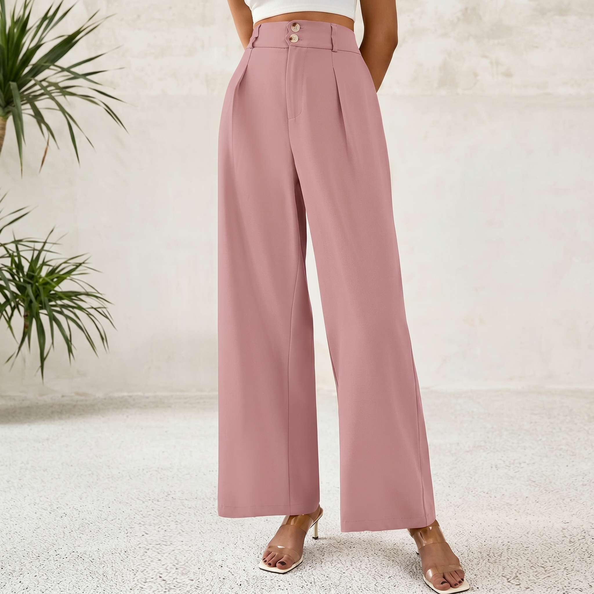 Pleated Palazzo Dress Pants With Button Detail For Women