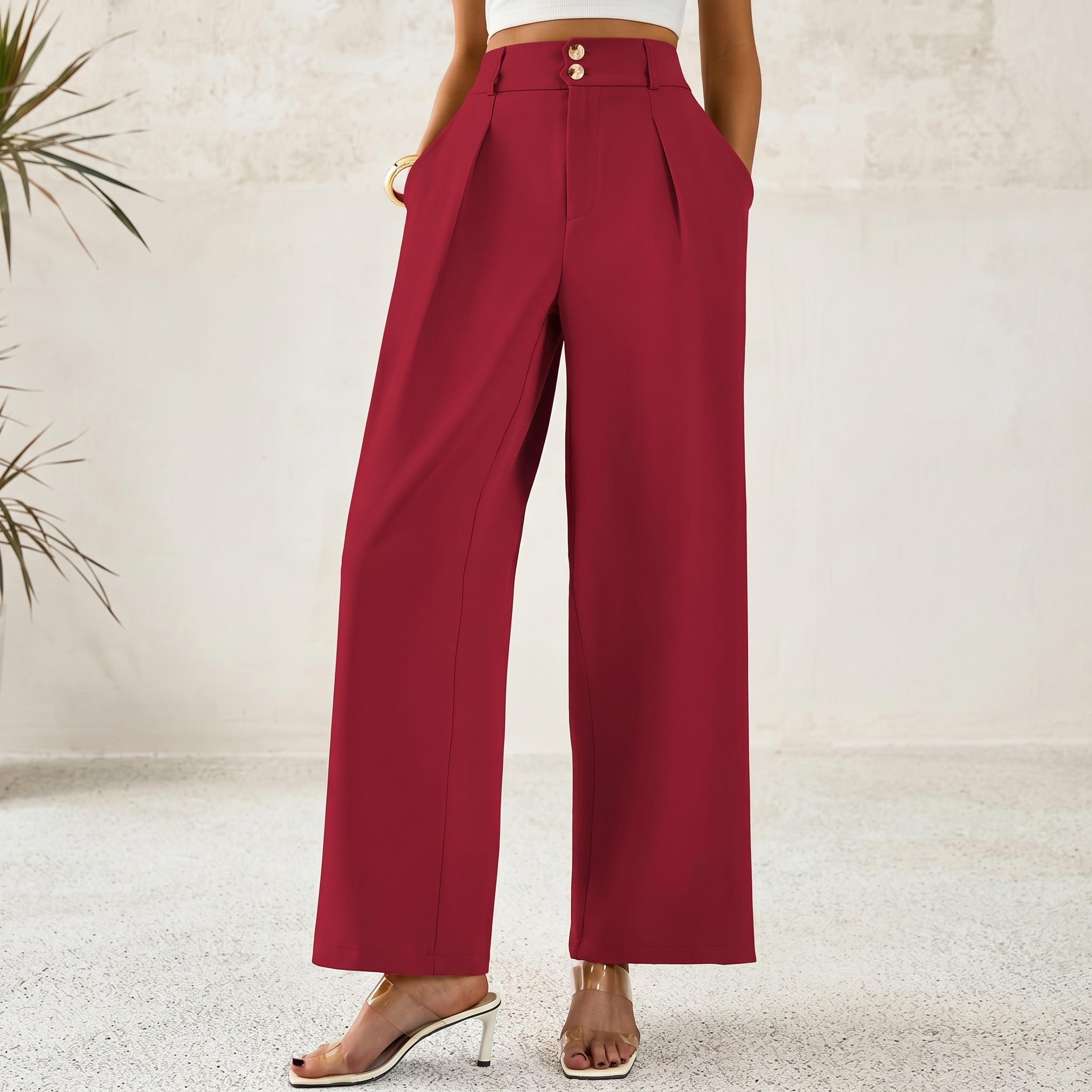 Pleated Palazzo Dress Pants With Button Detail For Women