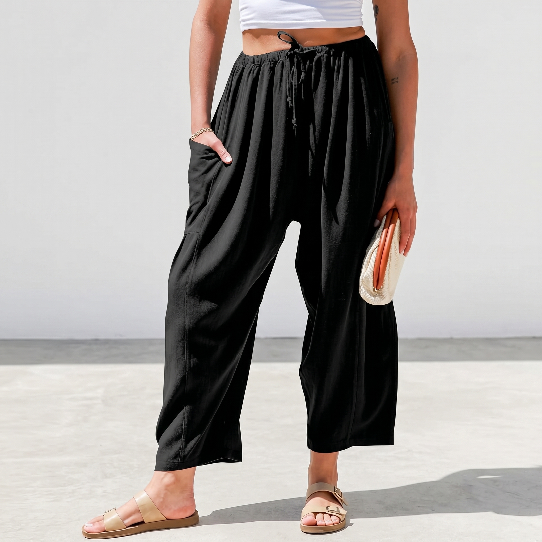 Casual Wide Palazzo Pants With Pockets And Drawstring For Women
