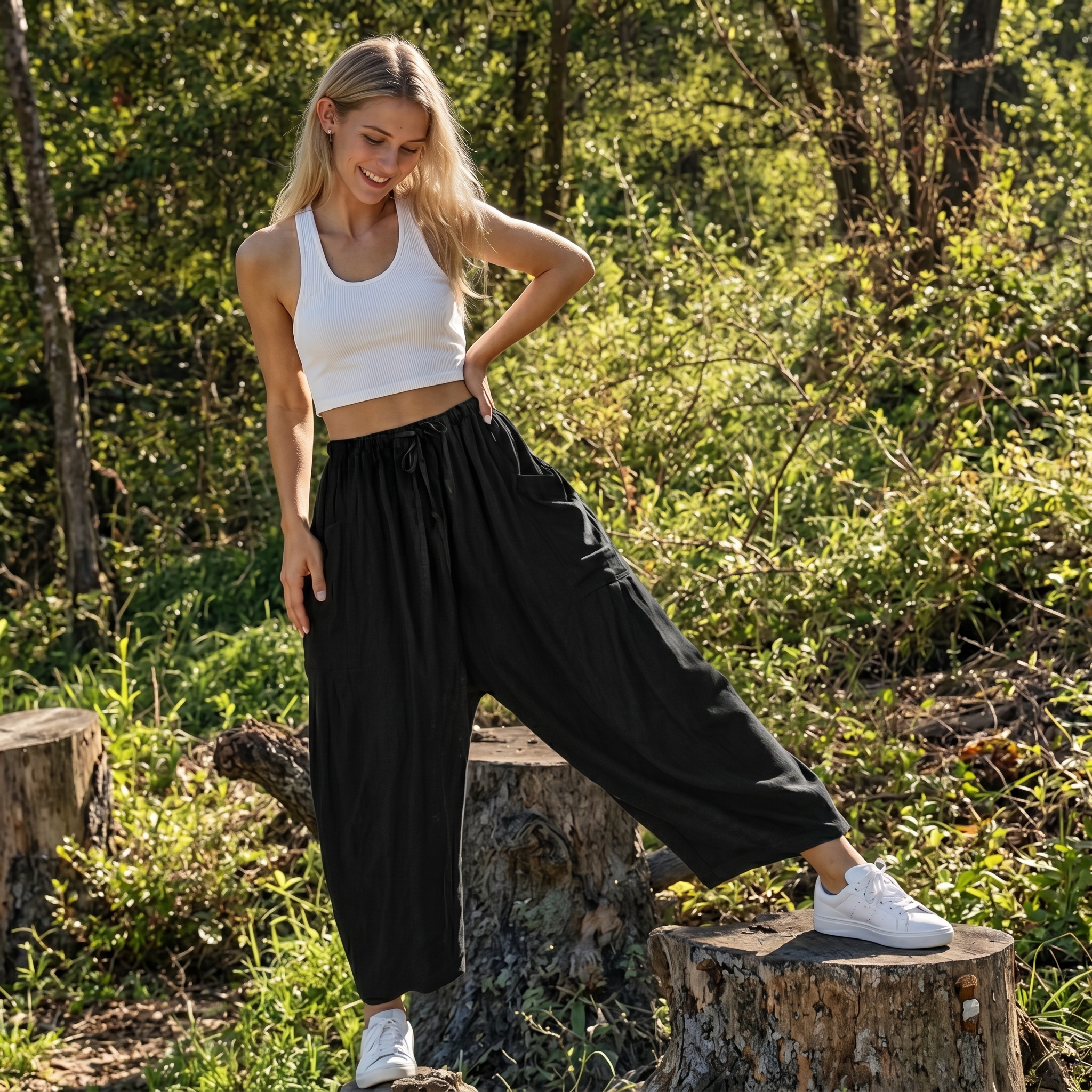 Casual Wide Palazzo Pants With Pockets And Drawstring For Women