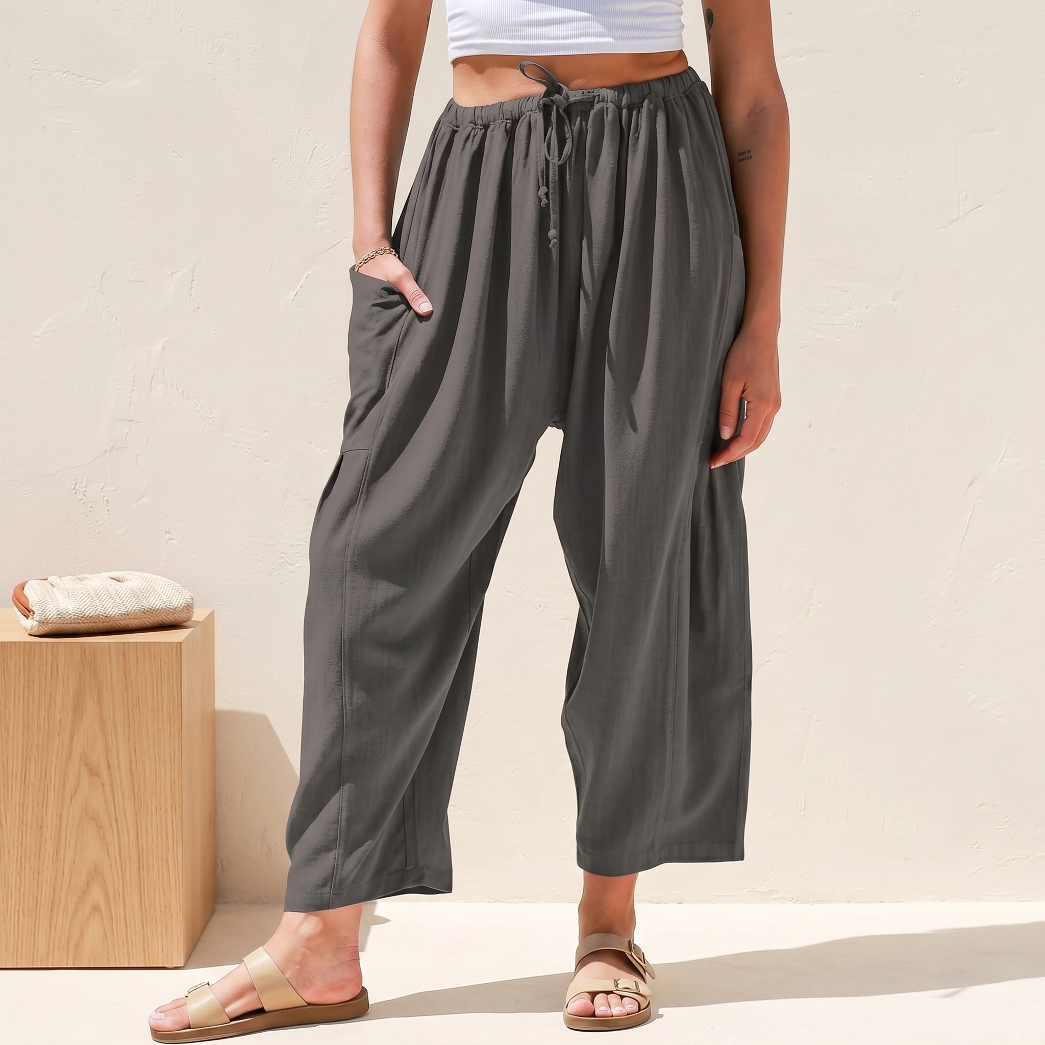 Casual Wide Palazzo Pants With Pockets And Drawstring For Women