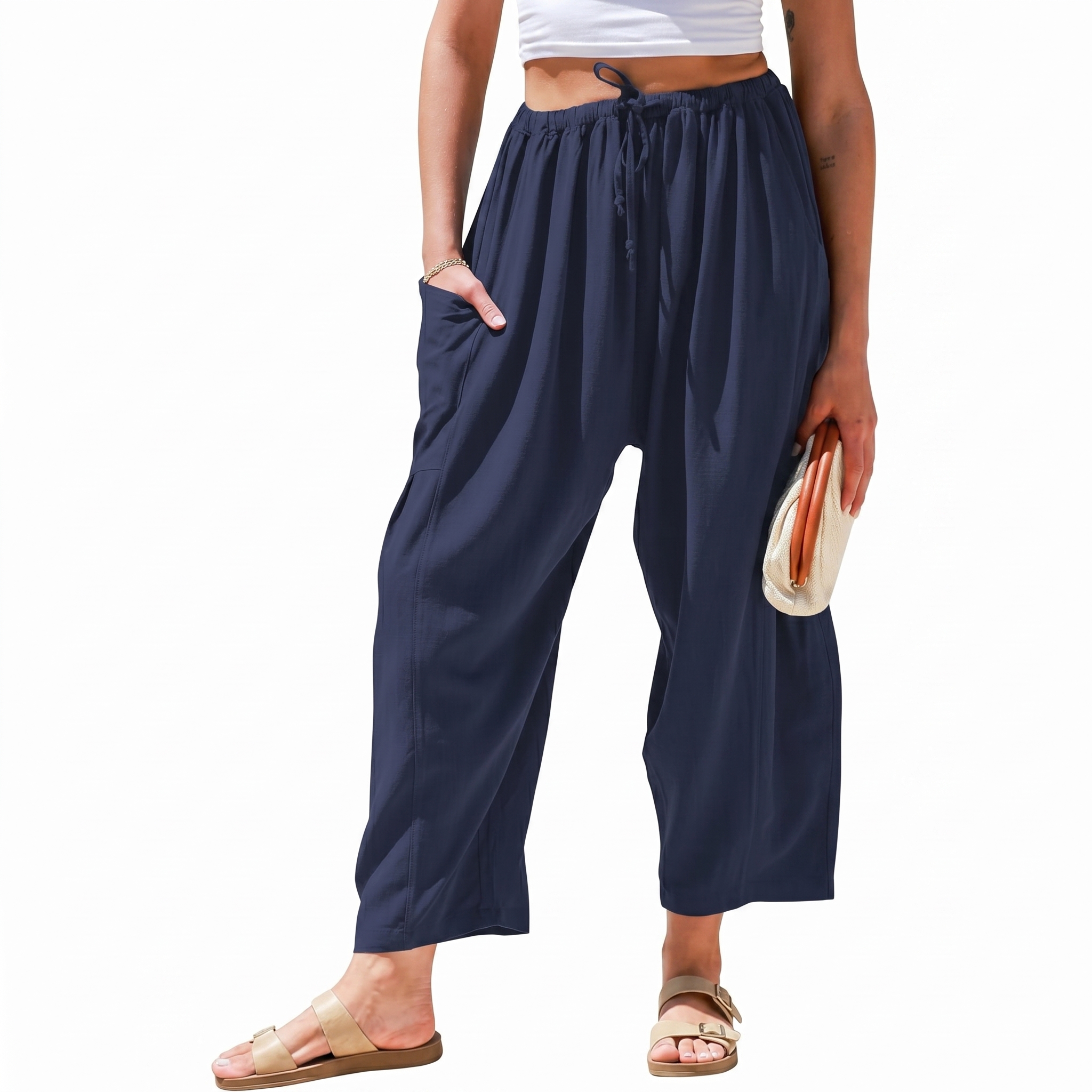 Casual Wide Palazzo Pants With Pockets And Drawstring For Women