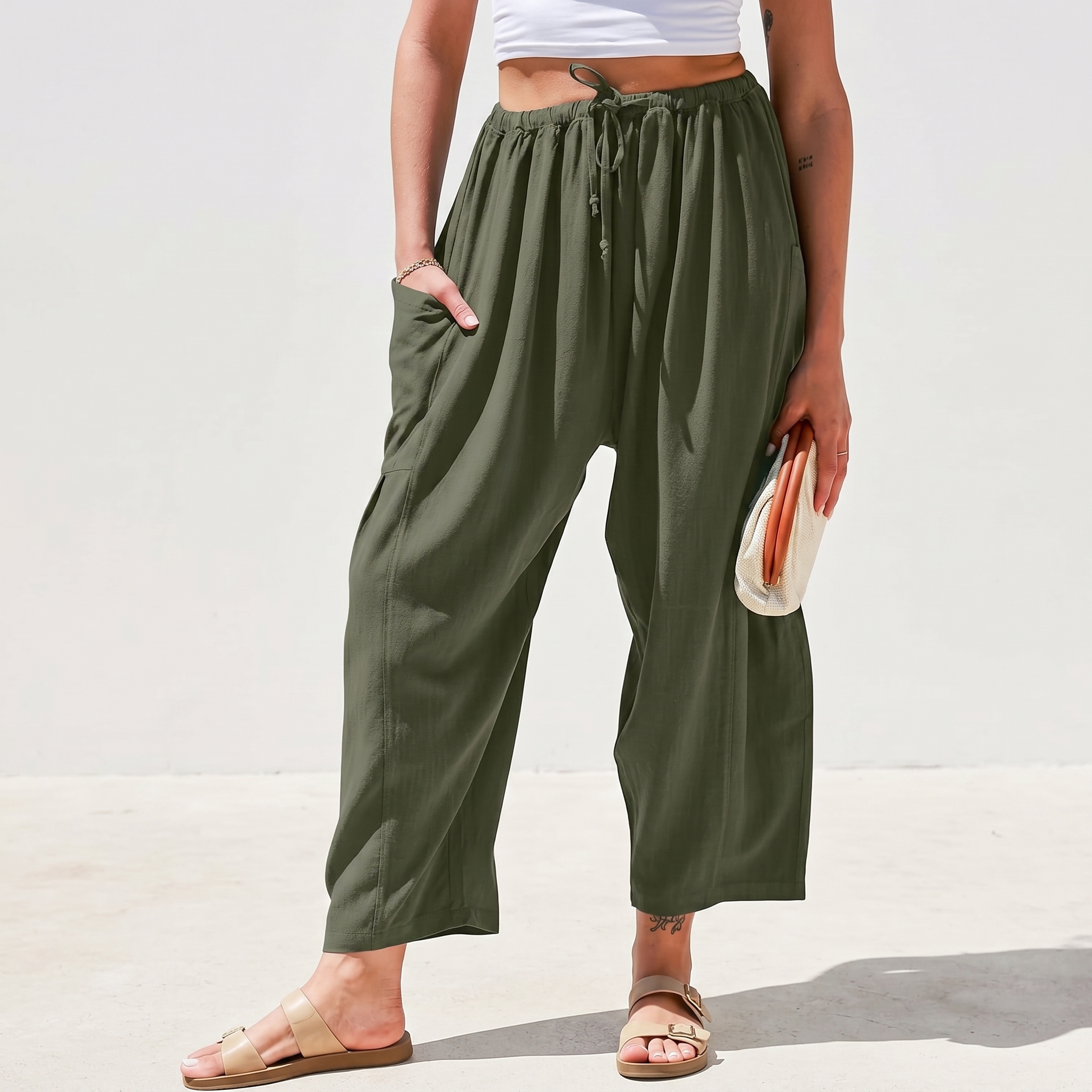 Casual Wide Palazzo Pants With Pockets And Drawstring For Women