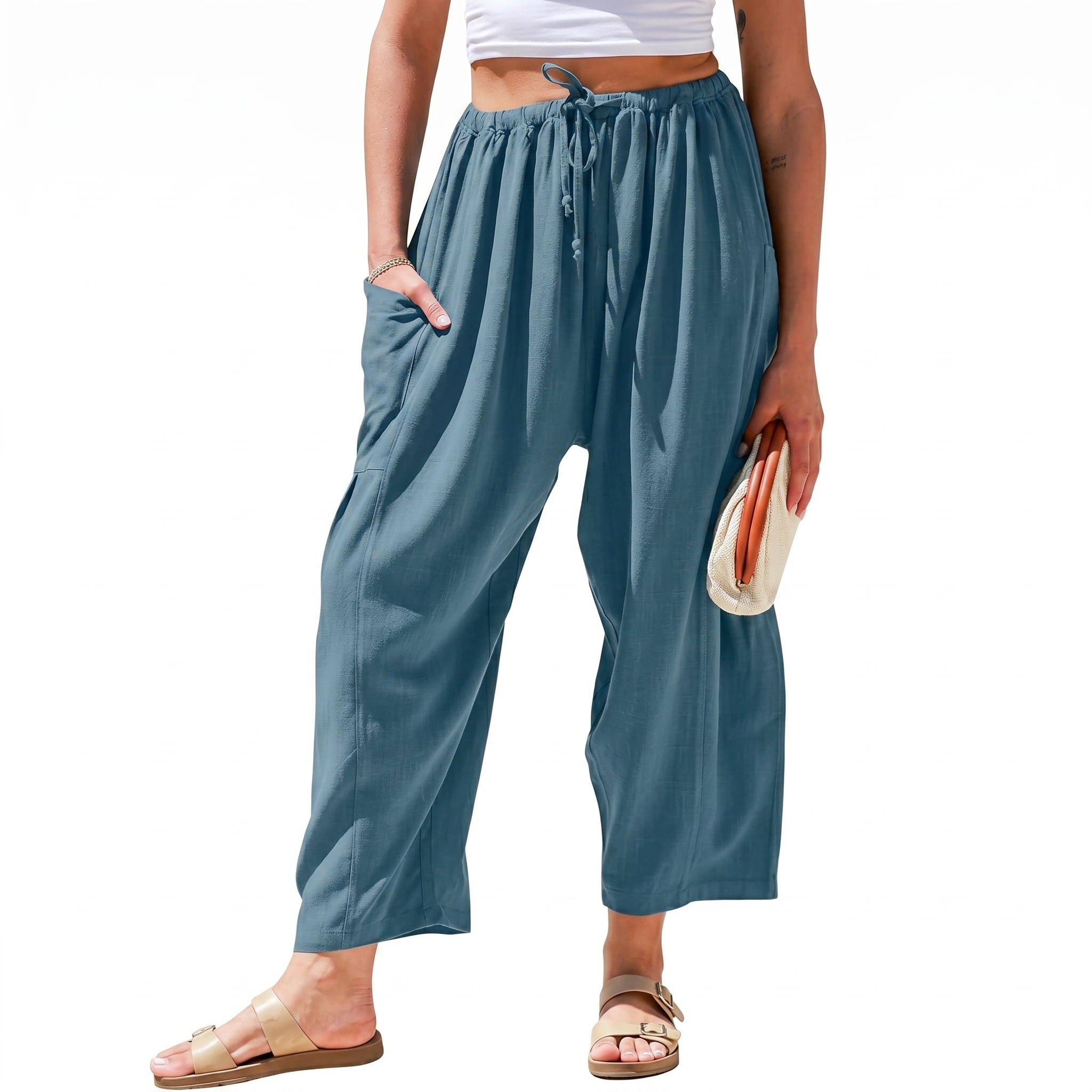 Casual Wide Palazzo Pants With Pockets And Drawstring For Women