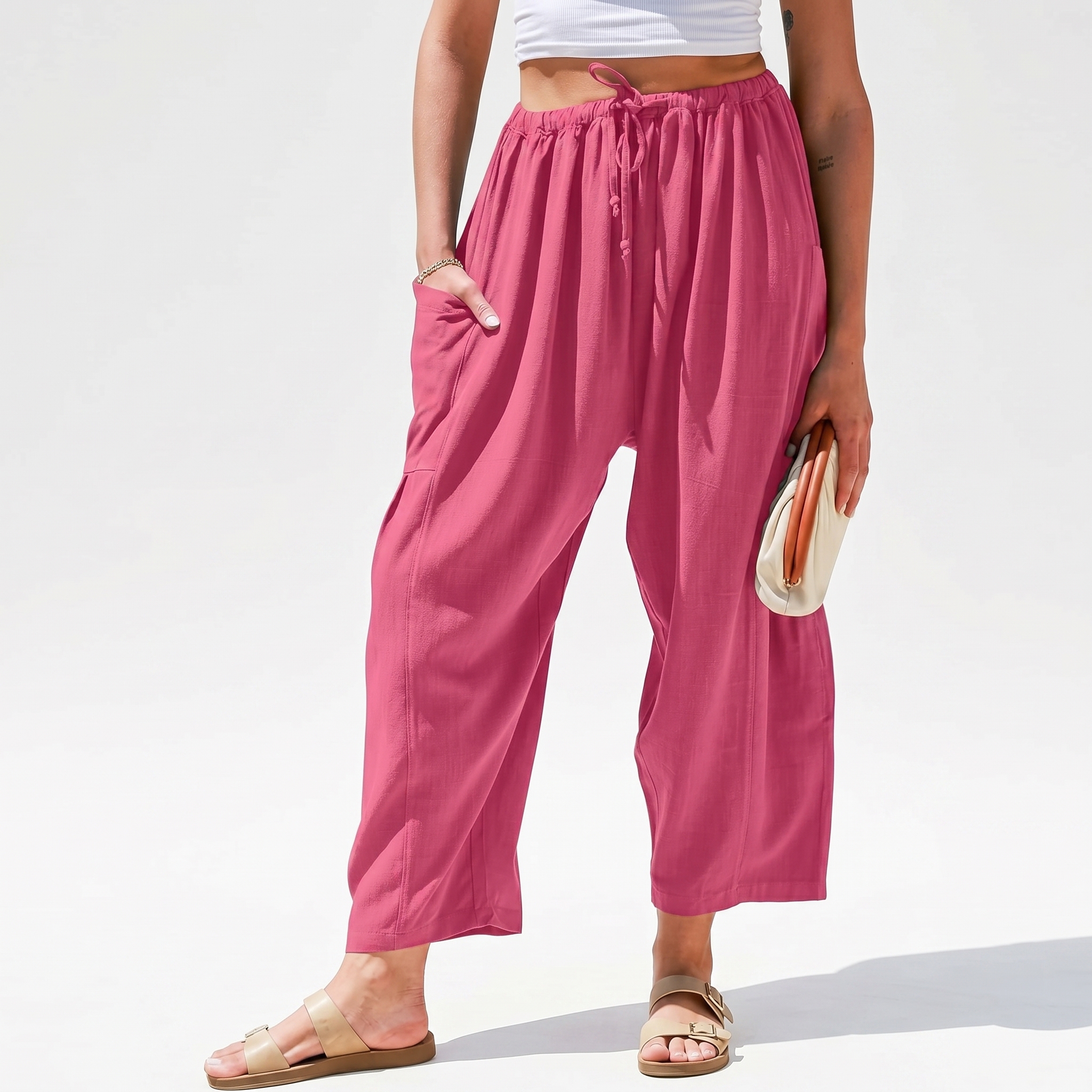 Casual Wide Palazzo Pants With Pockets And Drawstring For Women