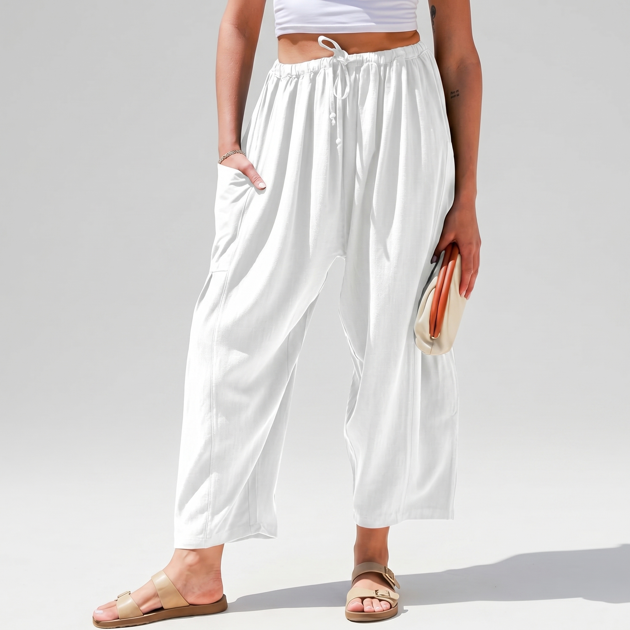 Casual Wide Palazzo Pants With Pockets And Drawstring For Women