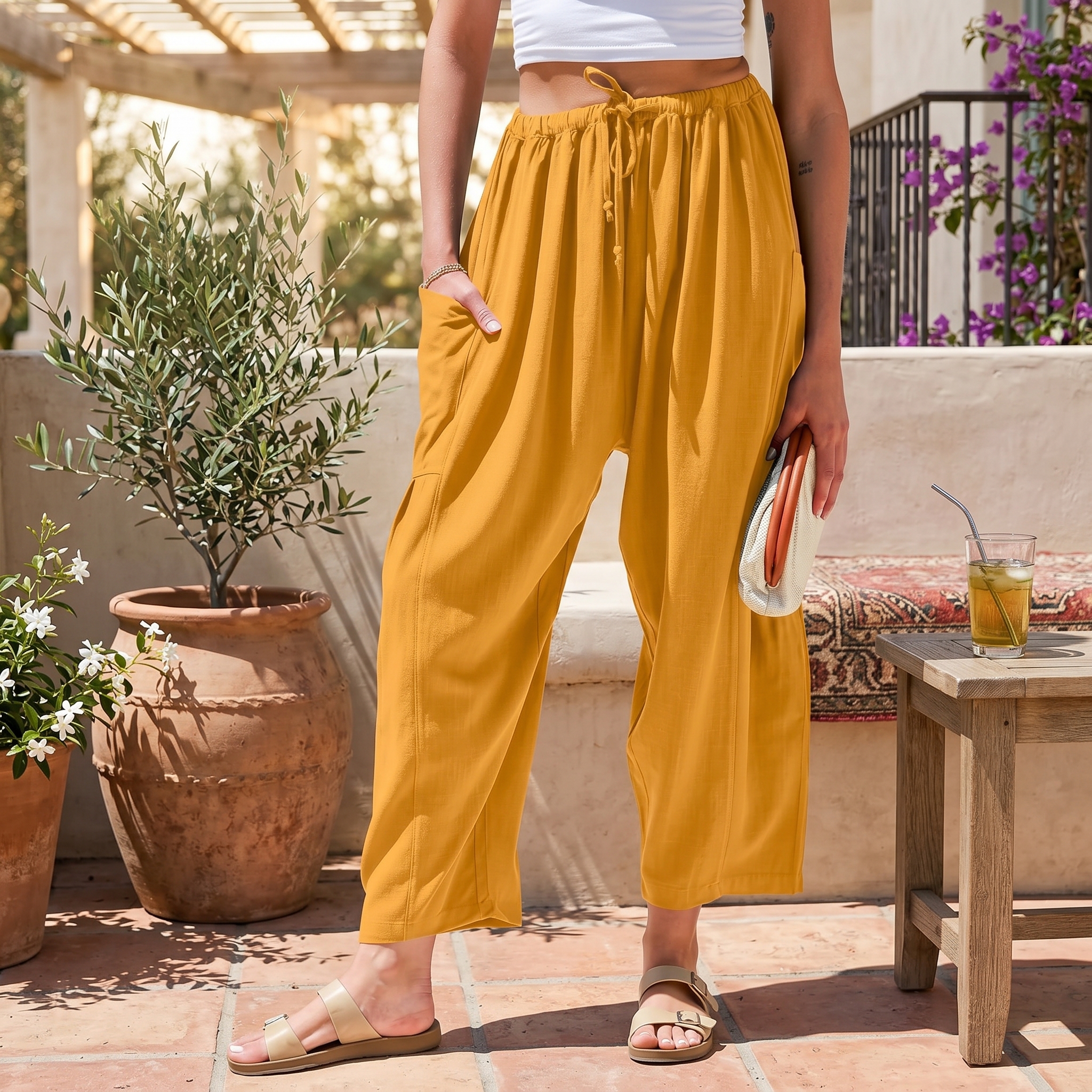 Casual Wide Palazzo Pants With Pockets And Drawstring For Women