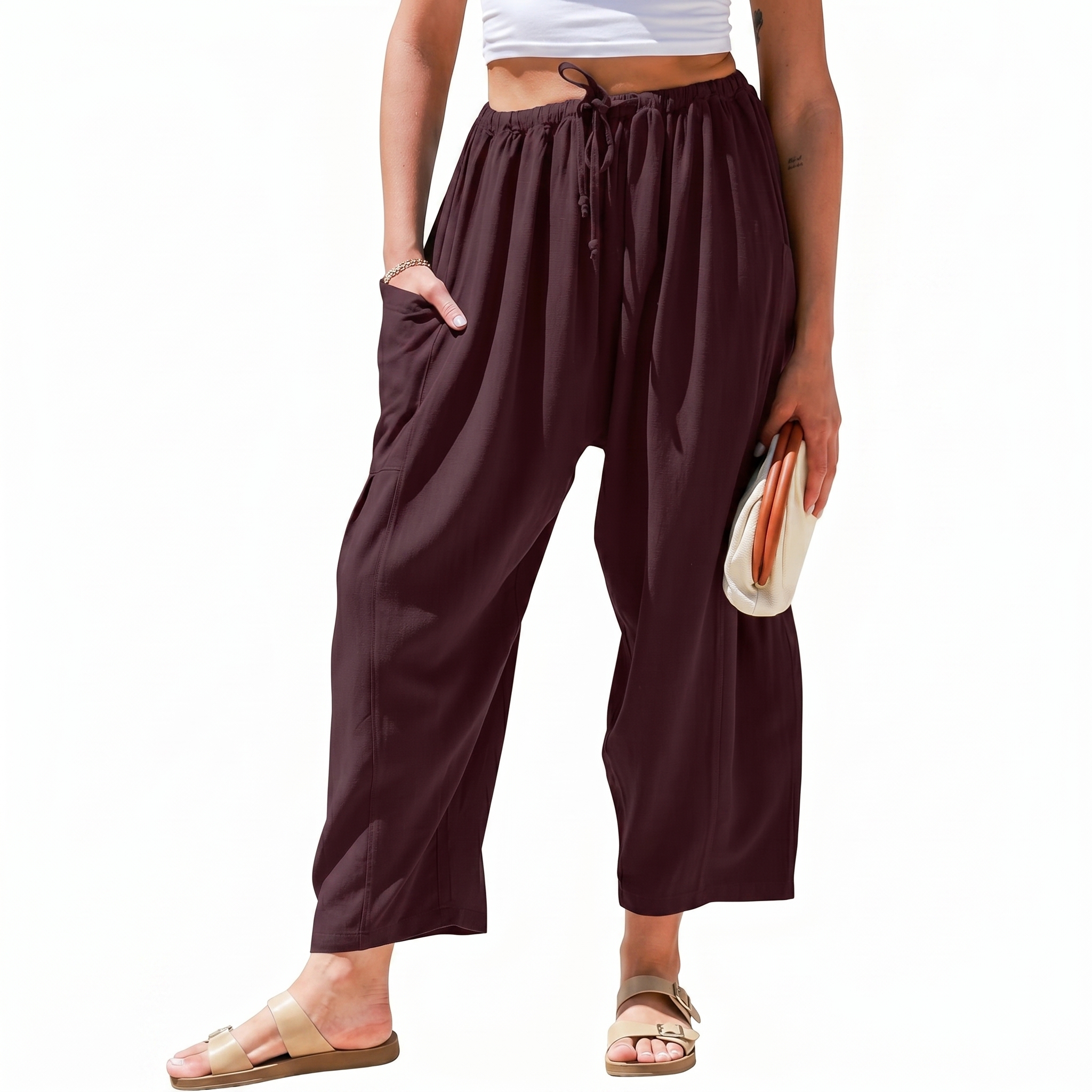 Casual Wide Palazzo Pants With Pockets And Drawstring For Women