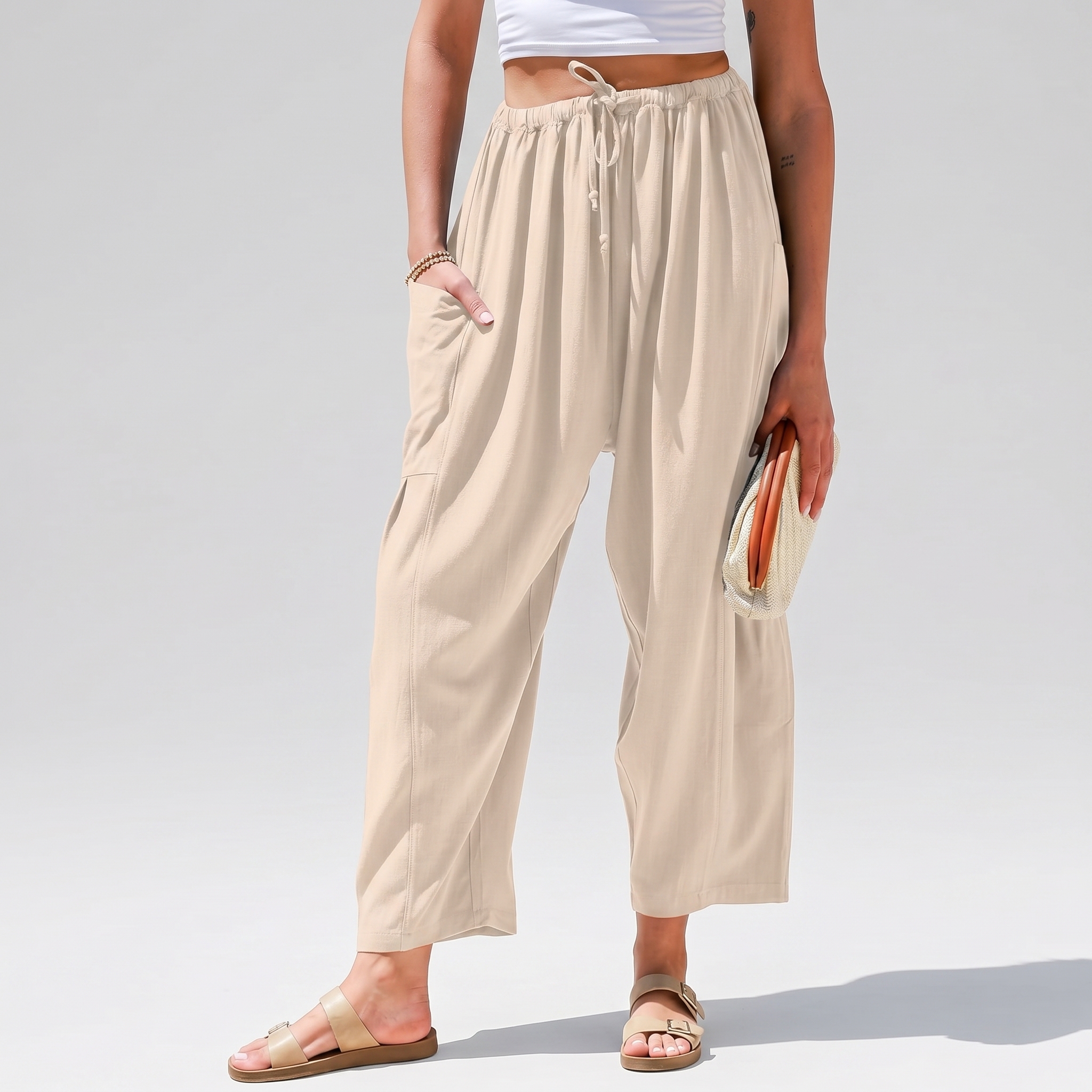 Casual Wide Palazzo Pants With Pockets And Drawstring For Women