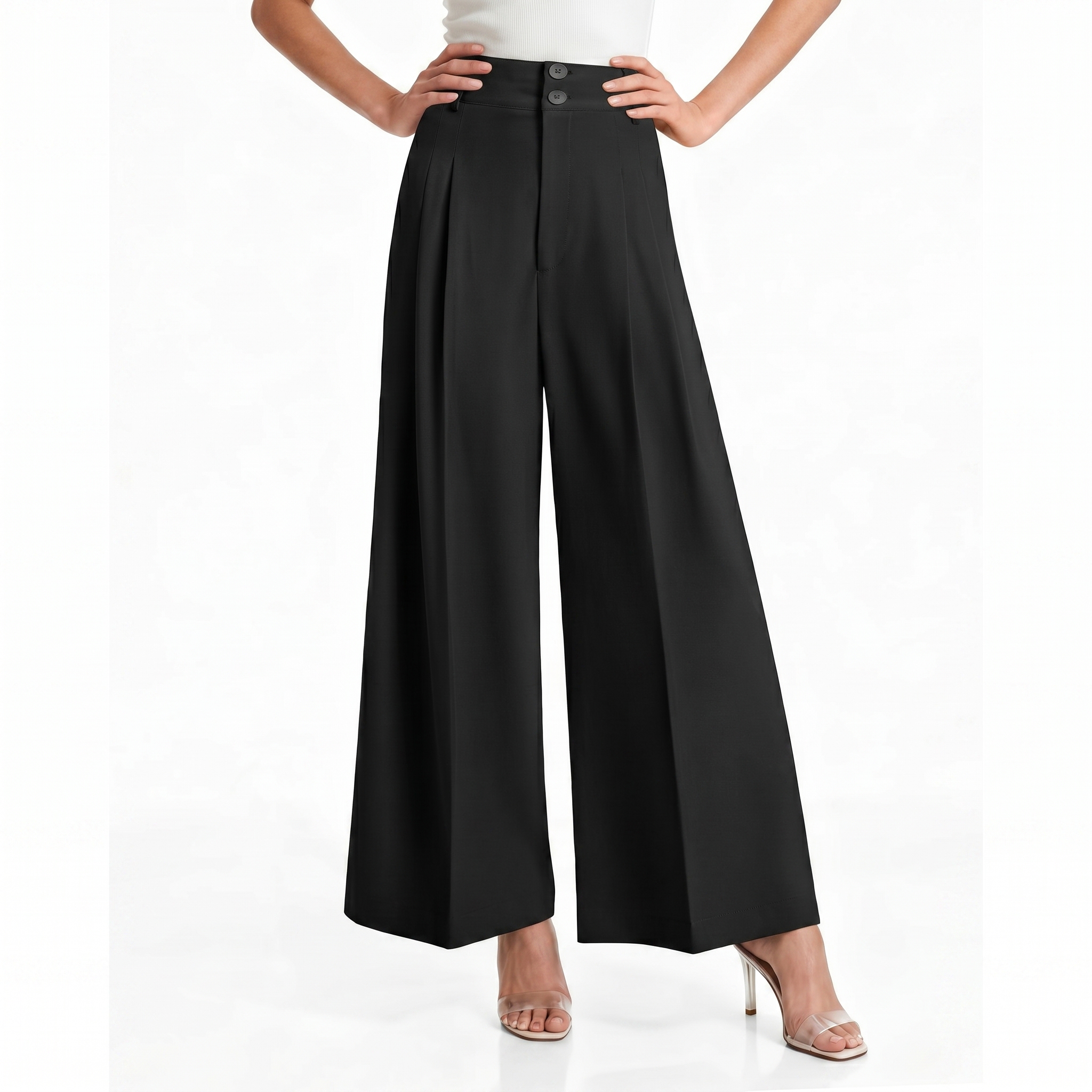Casual Pleated Palazzo Pants With Button Detail For Women