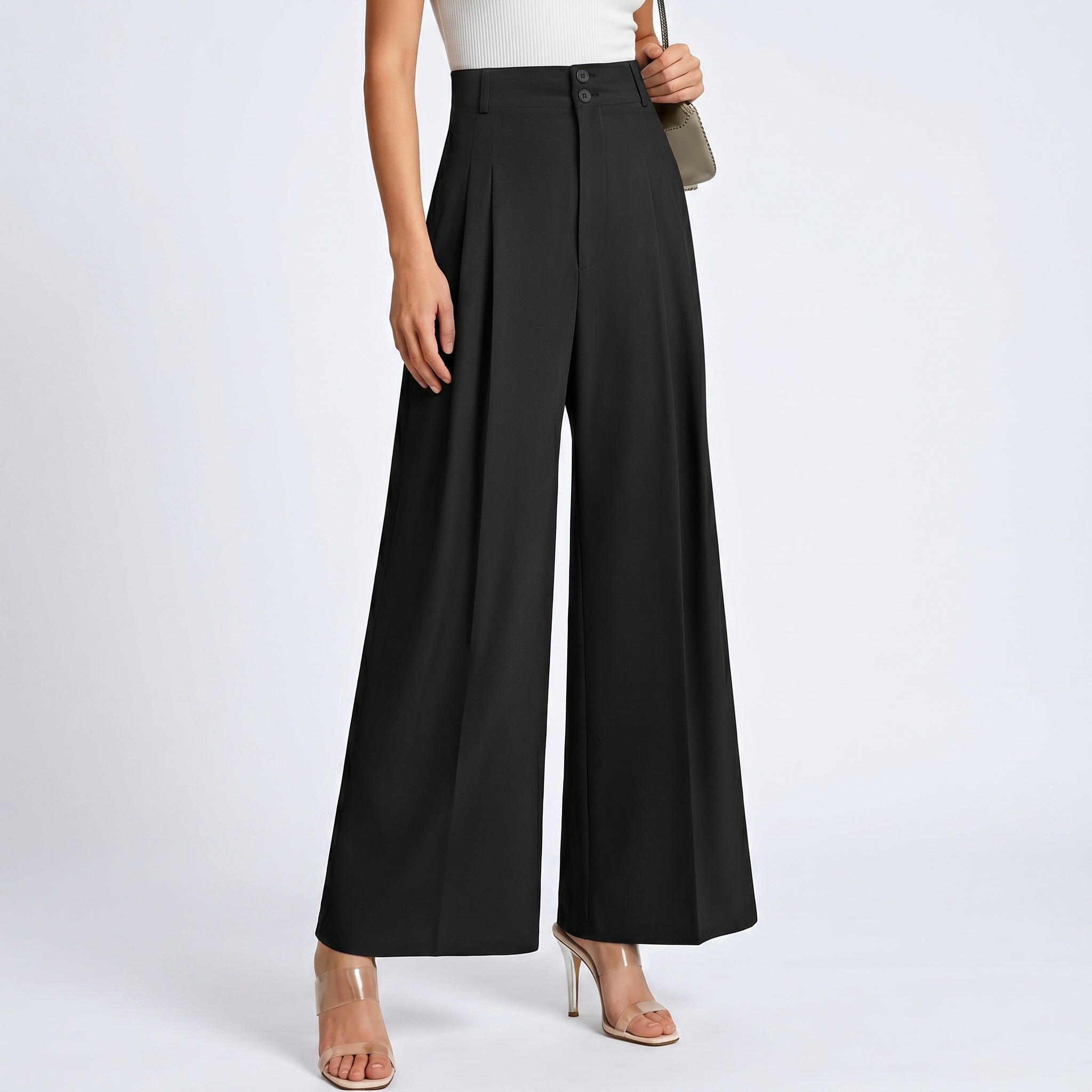 Casual Pleated Palazzo Pants With Button Detail For Women