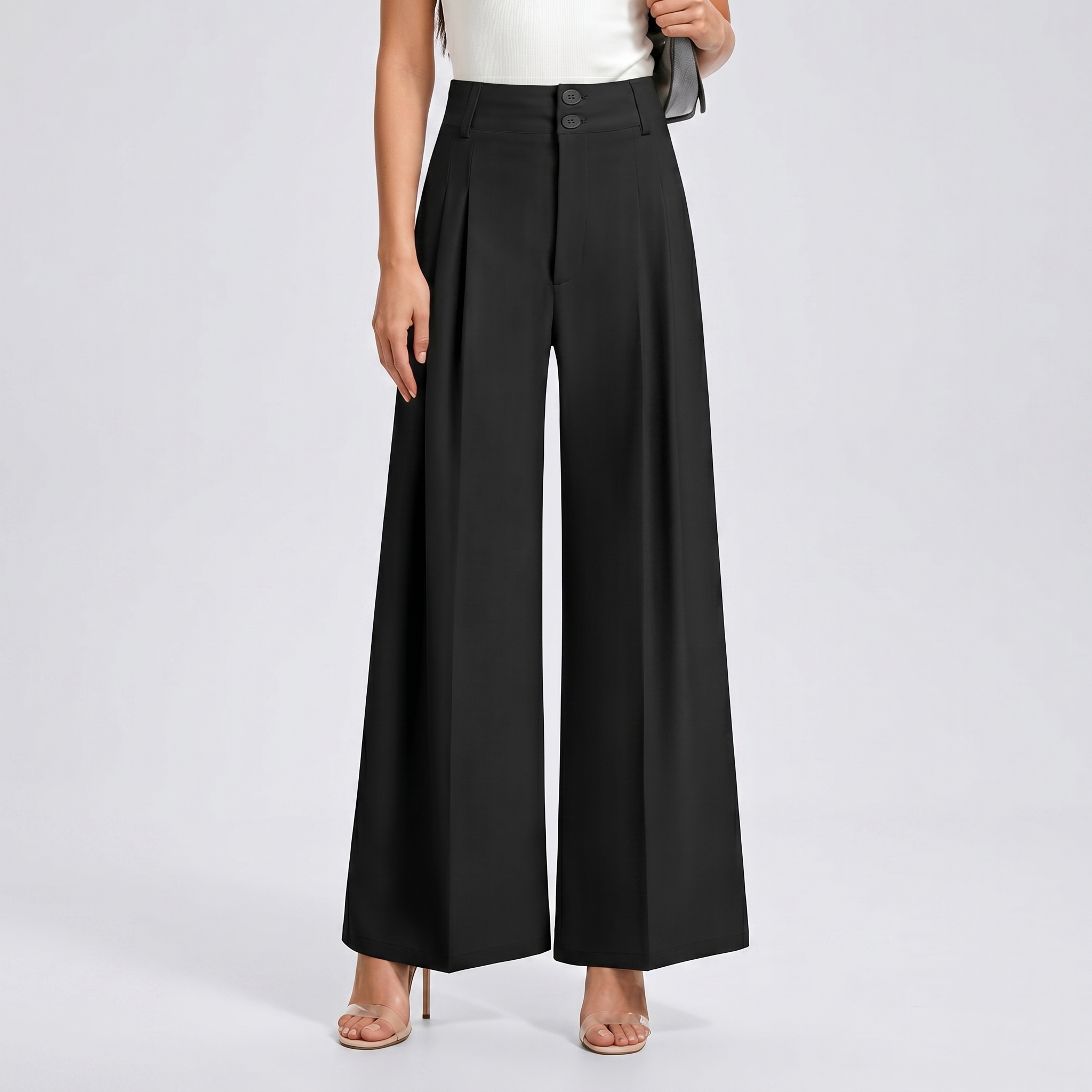 Casual Pleated Palazzo Pants With Button Detail For Women