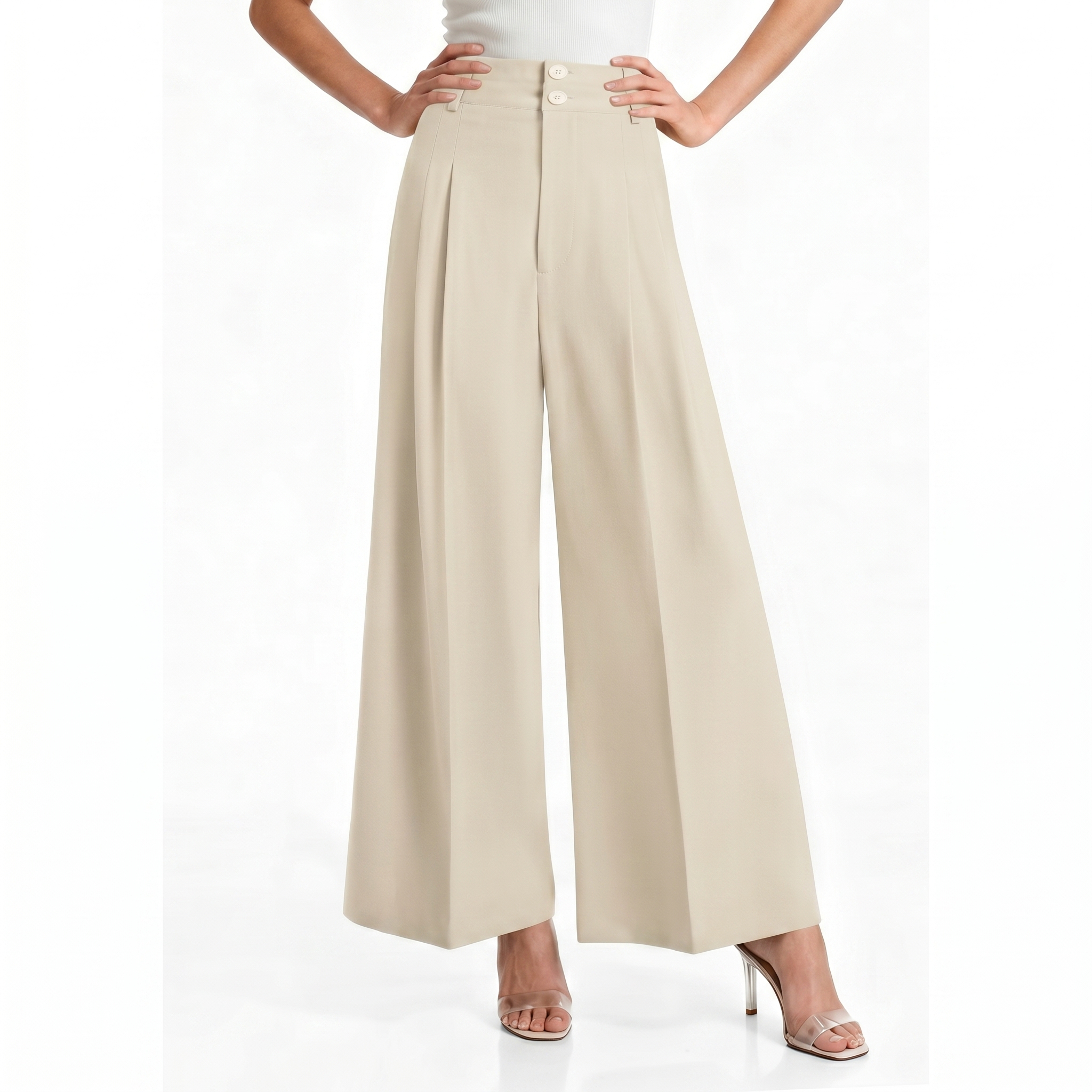 Casual Pleated Palazzo Pants With Button Detail For Women