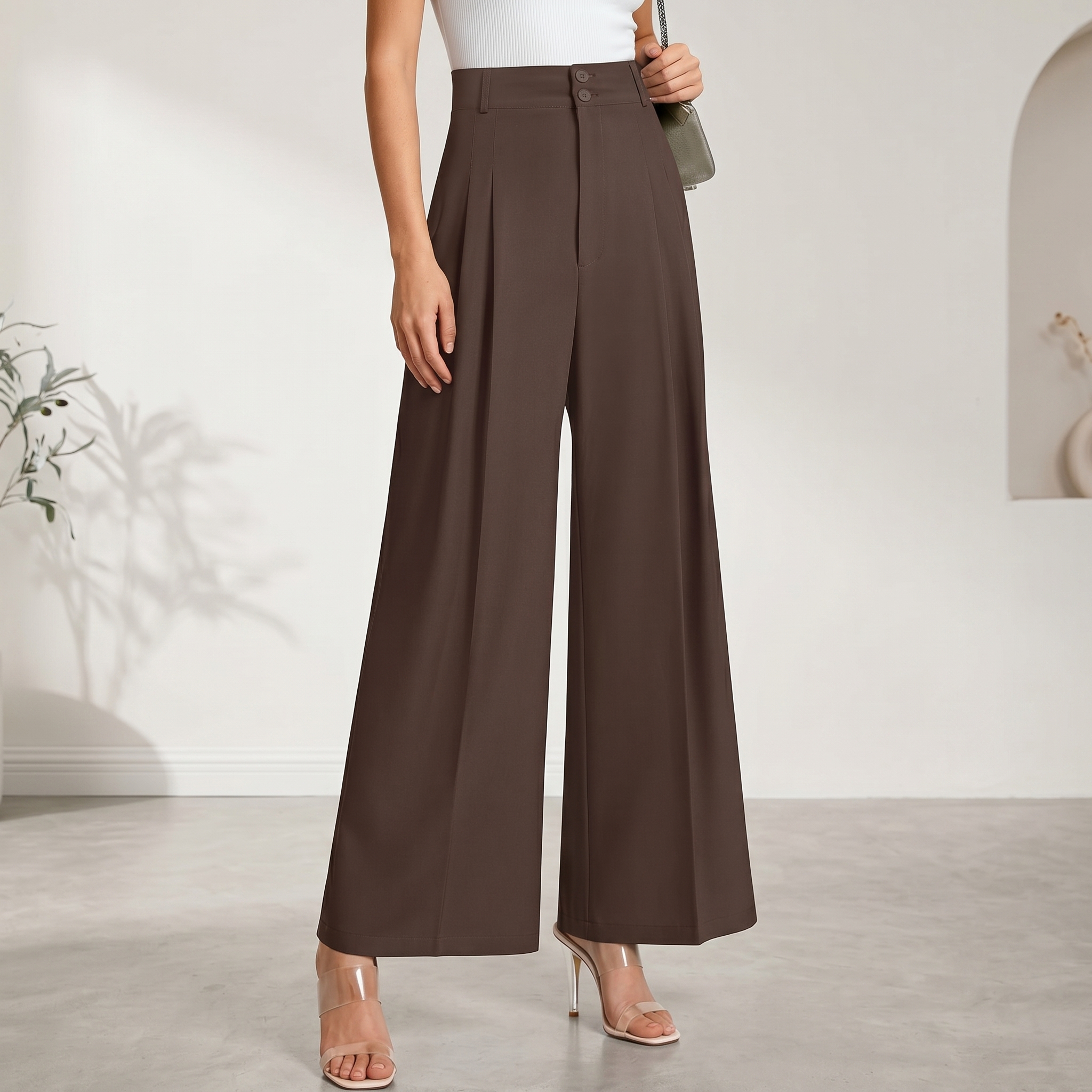Casual Pleated Palazzo Pants With Button Detail For Women