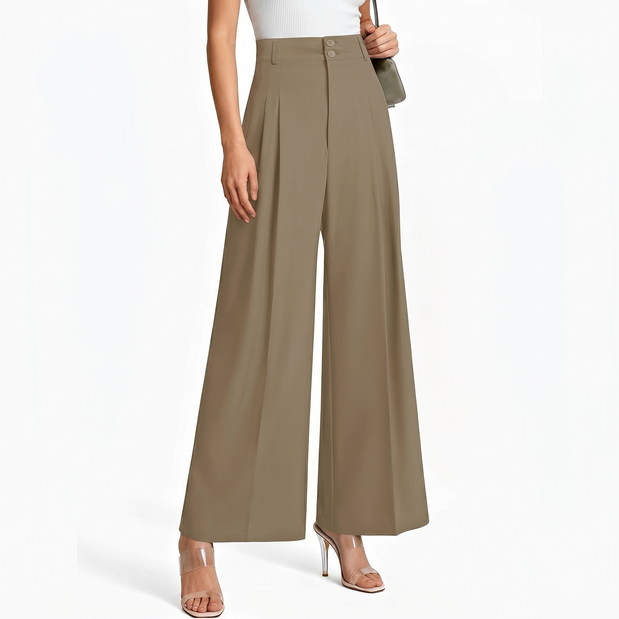 Casual Pleated Palazzo Pants With Button Detail For Women