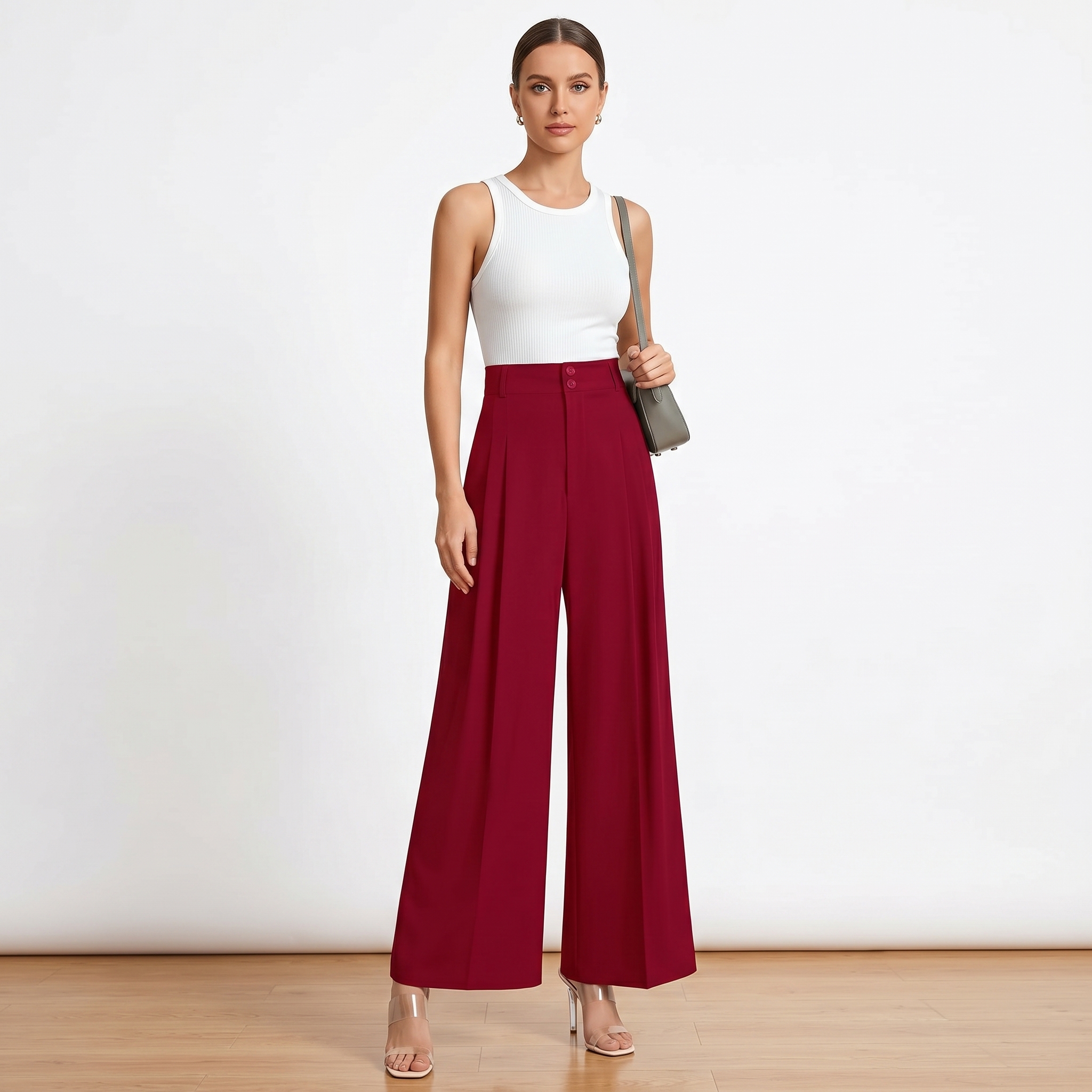 Casual Pleated Palazzo Pants With Button Detail For Women