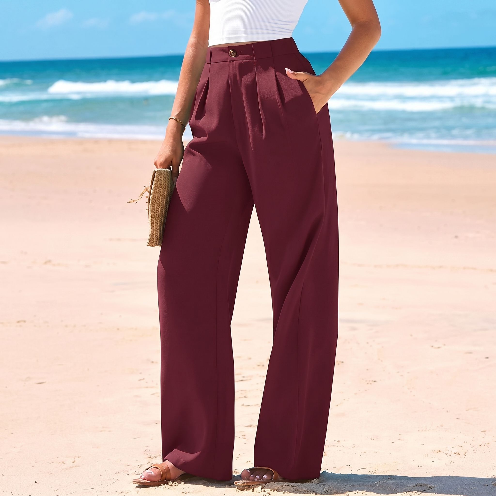 Wide Flowy Palazzo Dress Pants With Button Detail For Women