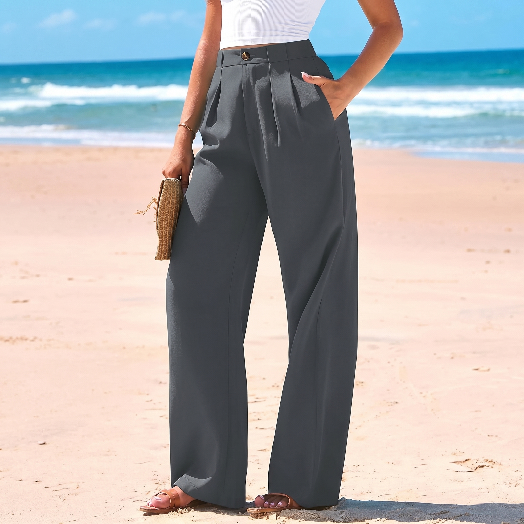 Wide Flowy Palazzo Dress Pants With Button Detail For Women