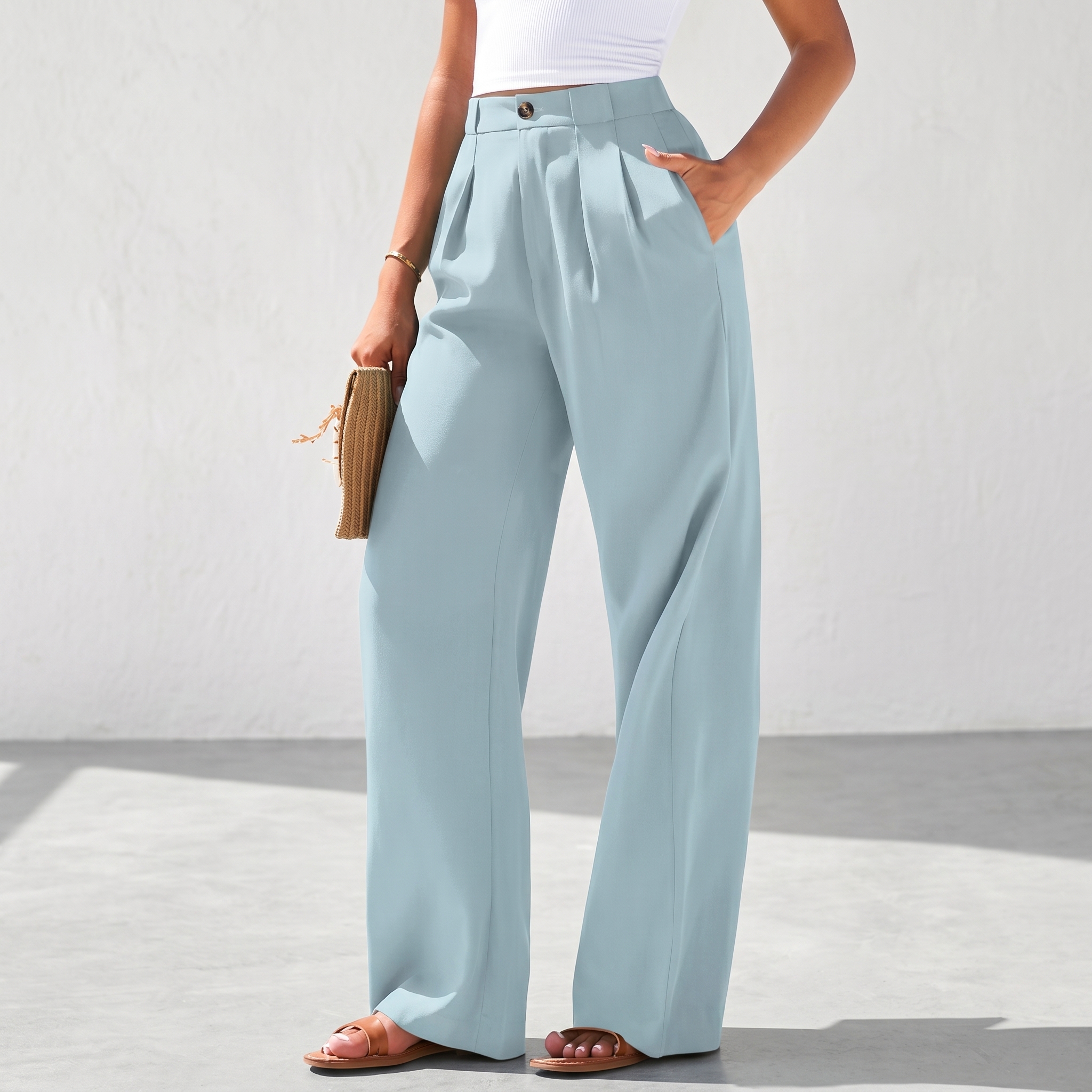 Wide Flowy Palazzo Dress Pants With Button Detail For Women