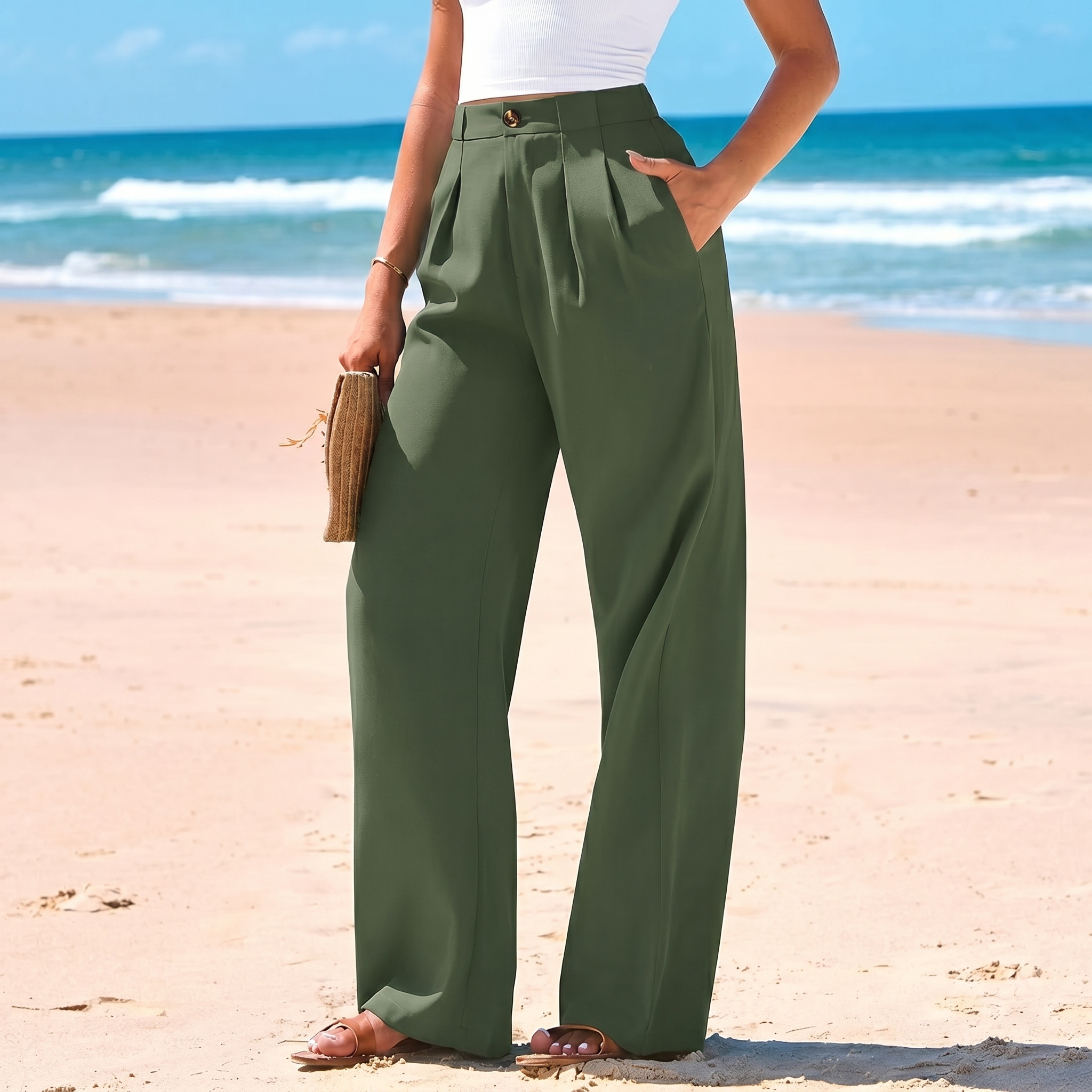 Wide Flowy Palazzo Dress Pants With Button Detail For Women