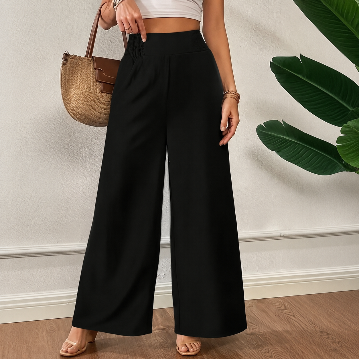 High Rise Wide Fit Pull On Casual Pants For Women