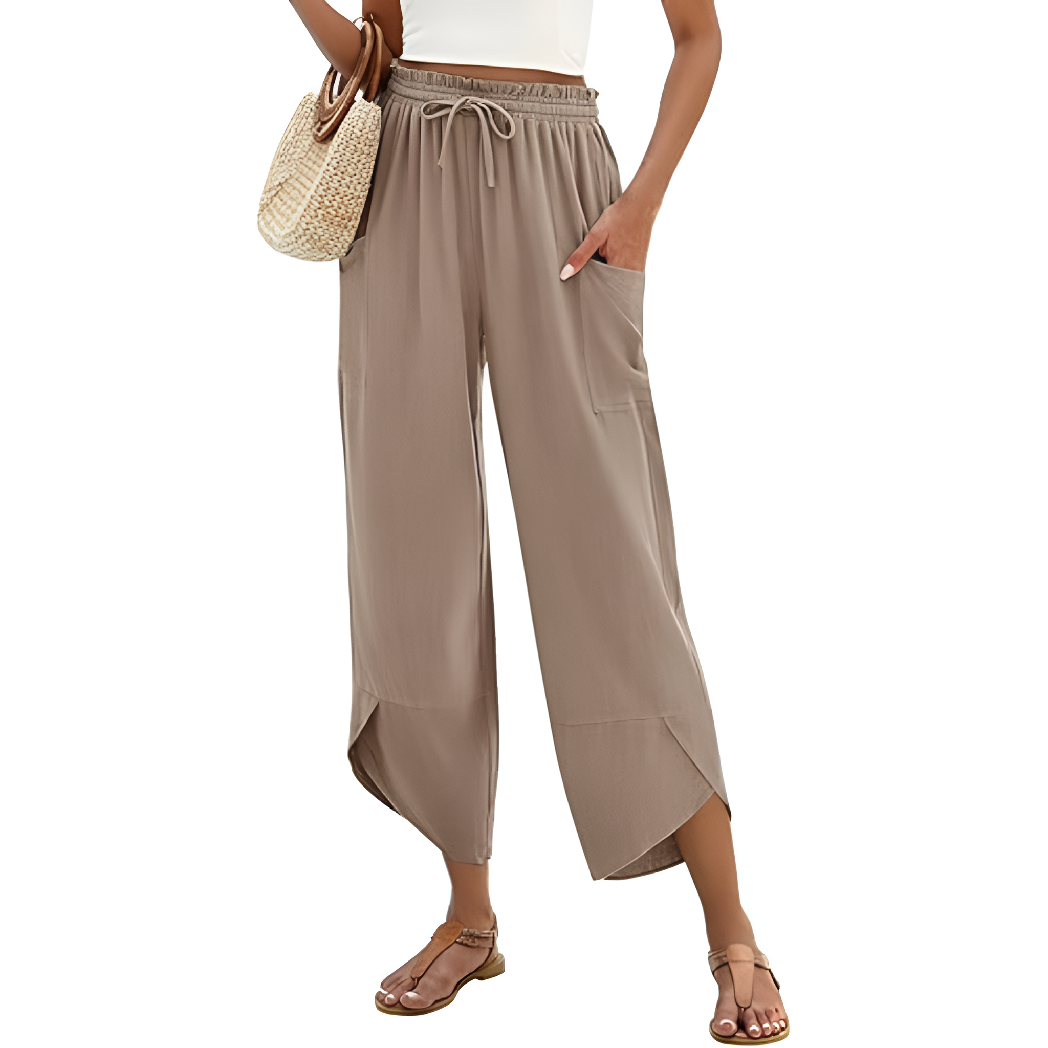 Wide Rise Casual Boho Capri Palazzo Pants For Women With Pockets