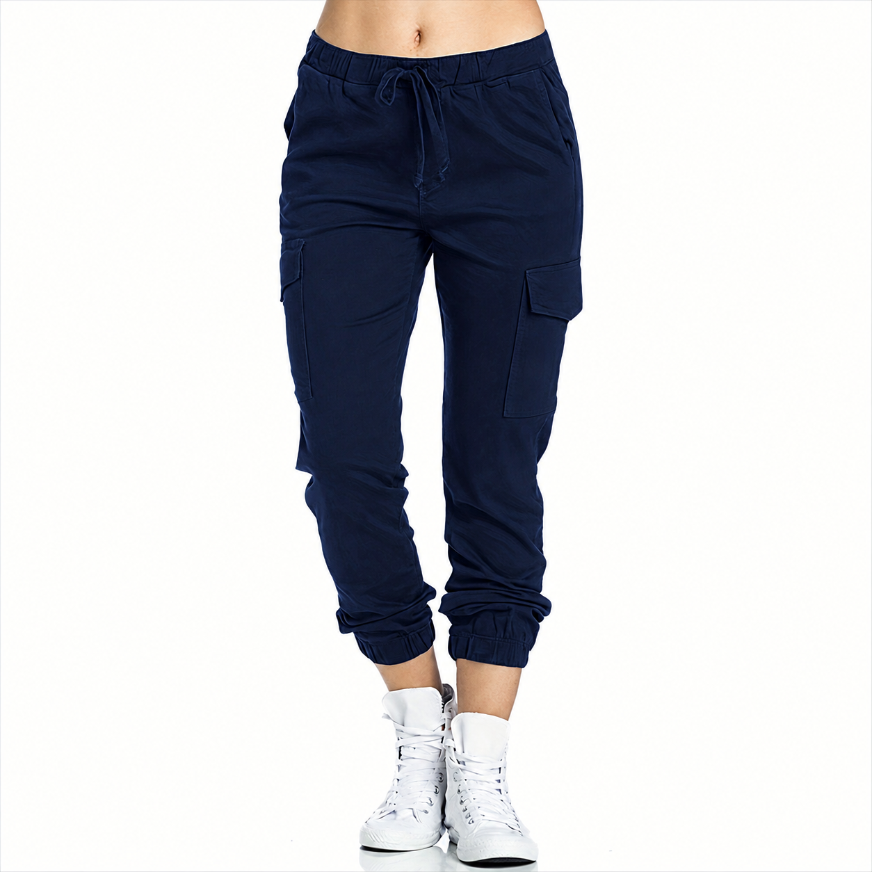 Casual Solid Long Cargo Pants With Drawstring And Pockets For Women