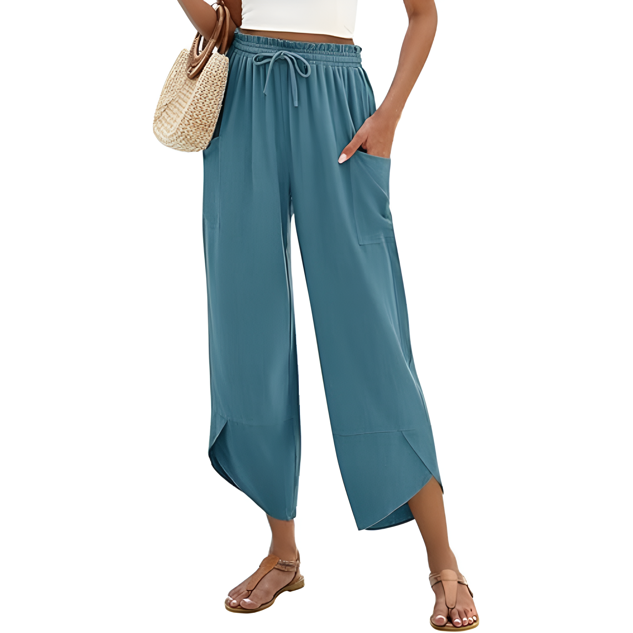 Wide Rise Casual Boho Capri Palazzo Pants For Women With Pockets