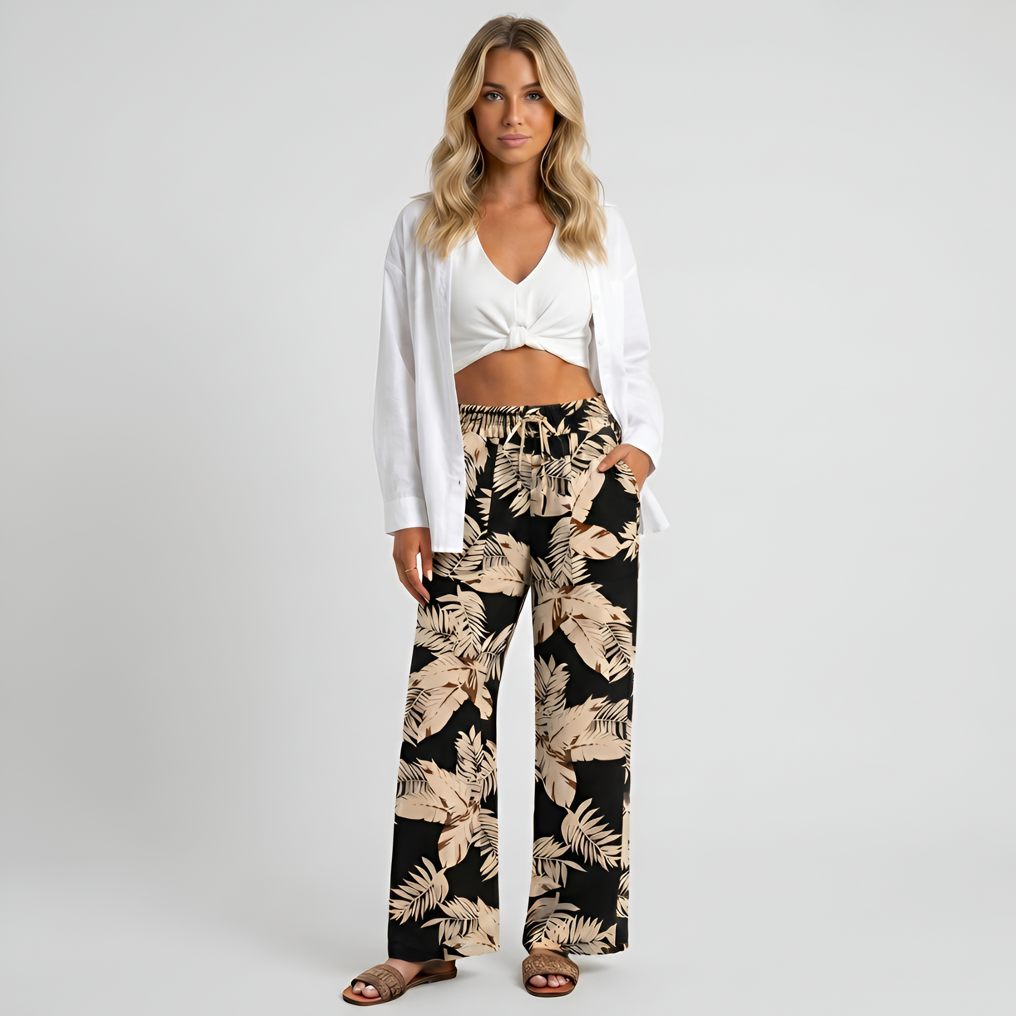 Loose Fit Printed Wide Drawstring Pants With Pockets For Women