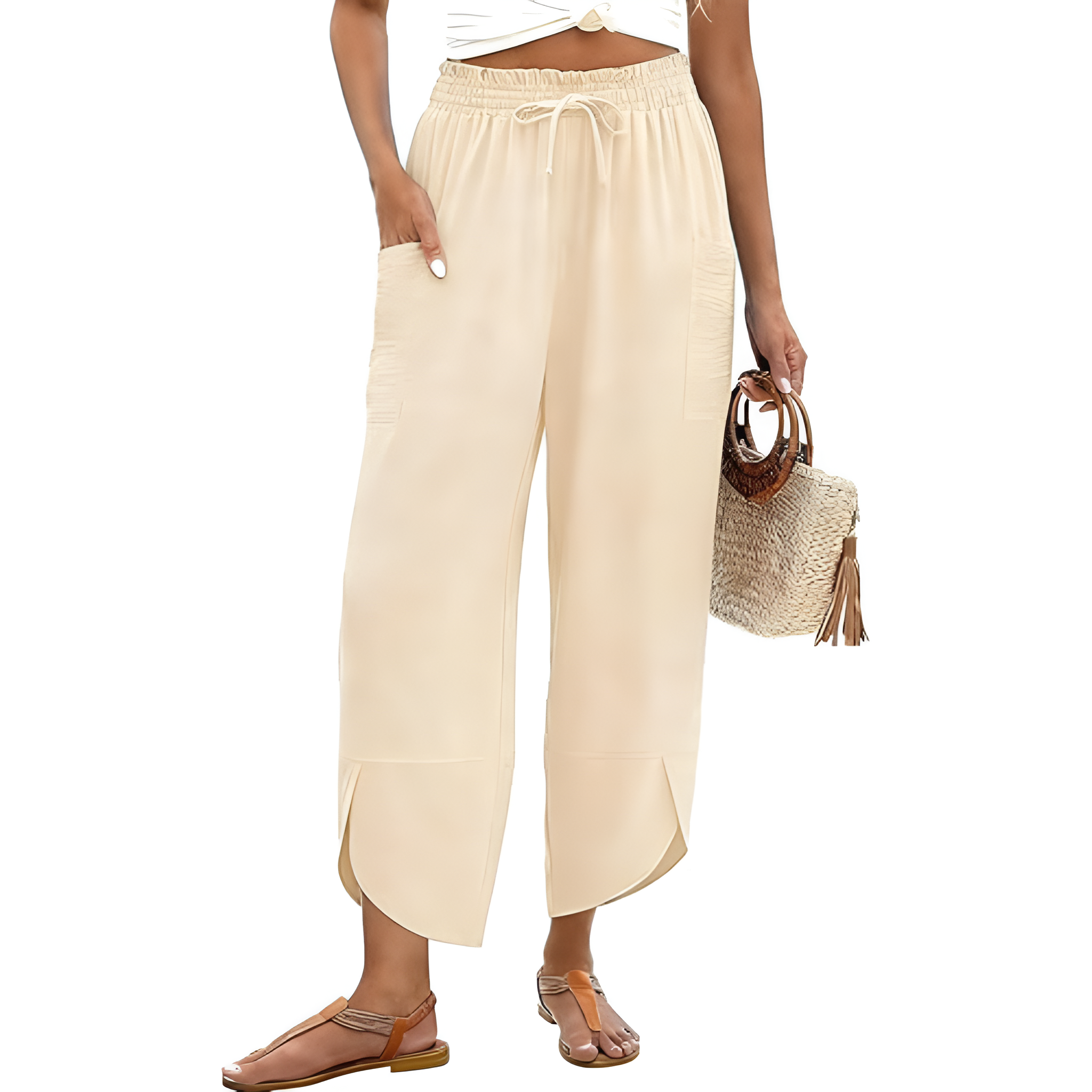 Wide Rise Casual Boho Capri Palazzo Pants For Women With Pockets
