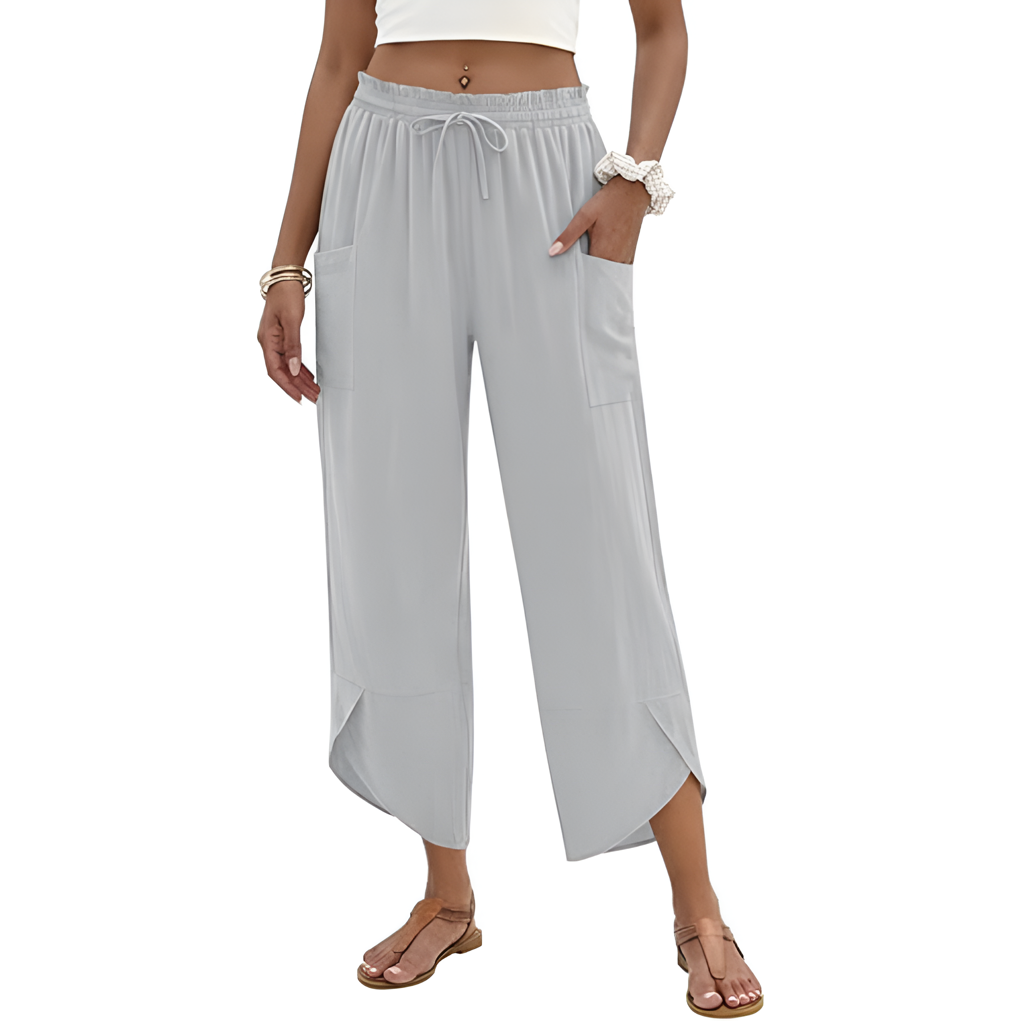 Wide Rise Casual Boho Capri Palazzo Pants For Women With Pockets