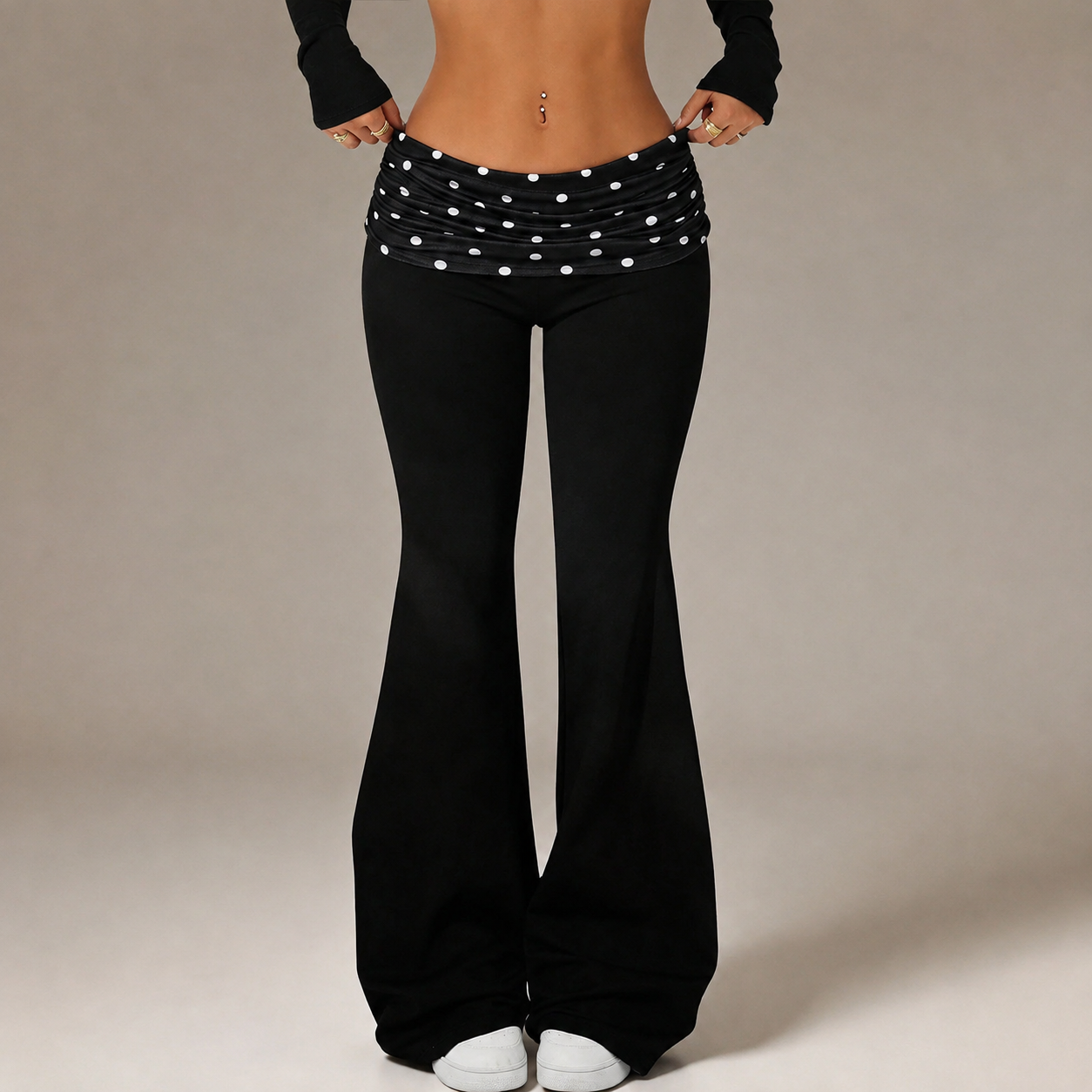Vintage Style Casual Flared Fold Pants With Stretch Fit For Women